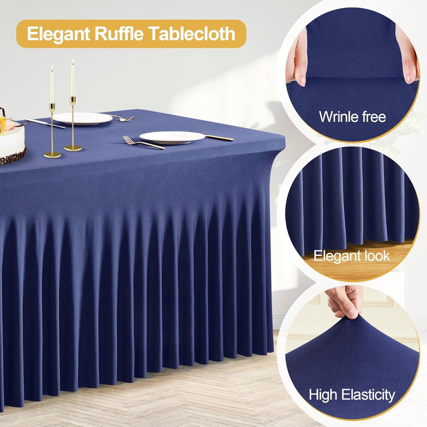 PARTISKY Navy Blue Spandex Tablecloth for 8ft Rectangle Tables, Stretchable Table Cover Skirt for Folding Tables Weddings Parties Banquets Events Trade Shows and Dessert Table