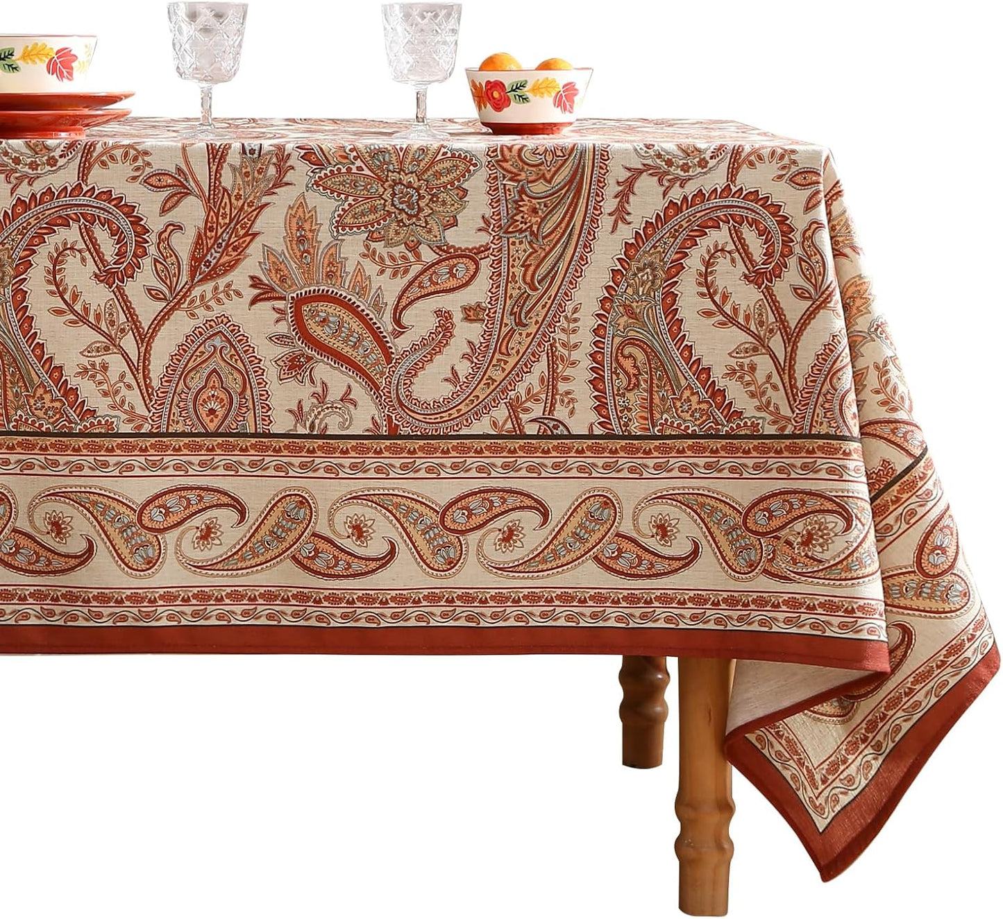 ISAENNE Designer French Red Square Tablecloth,Fall Linen Table Cloth with Cashew Pattern,Stain Proof Decor Tablecloths for Dining Thanksgiving Kitchen Christmas,67"*67"-Chauffrey D