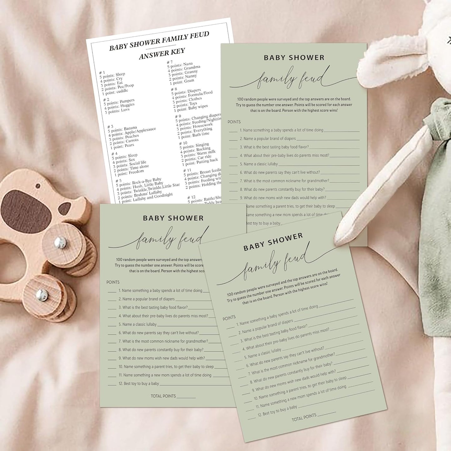 Baby Shower Family Feud Game - Pack of 30 Game Cards 1 Answer Key, Baby Shower Game for Boy & Girl, Gender Neutral Baby Shower Decorations, Baby Feud Game Supplies-07E-Atrovirens