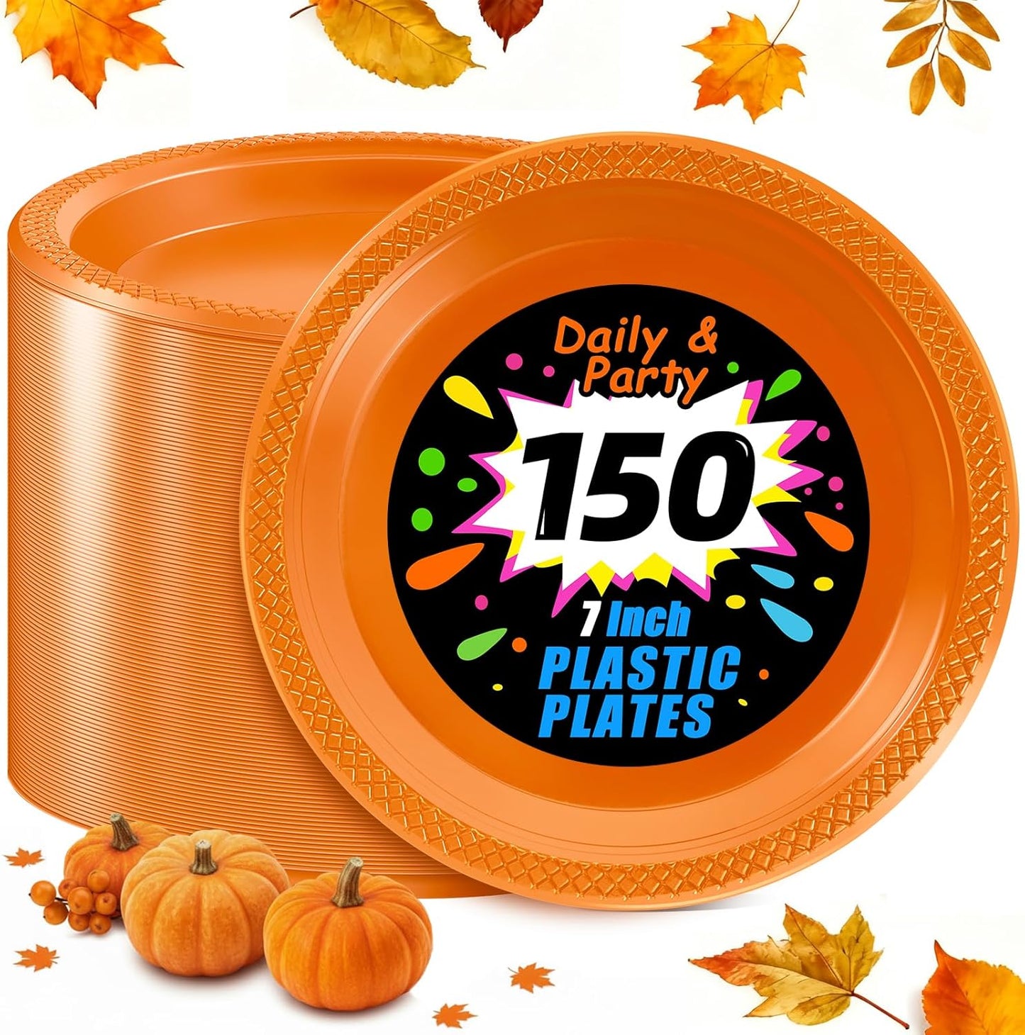 WELLIFE Orange Party Plates 7 Inch -150 Count, Disposable Plastic Dessert Plates for Party Easter Thanksgiving Halloween Cake Appetizers Salad Picnic BBQ
