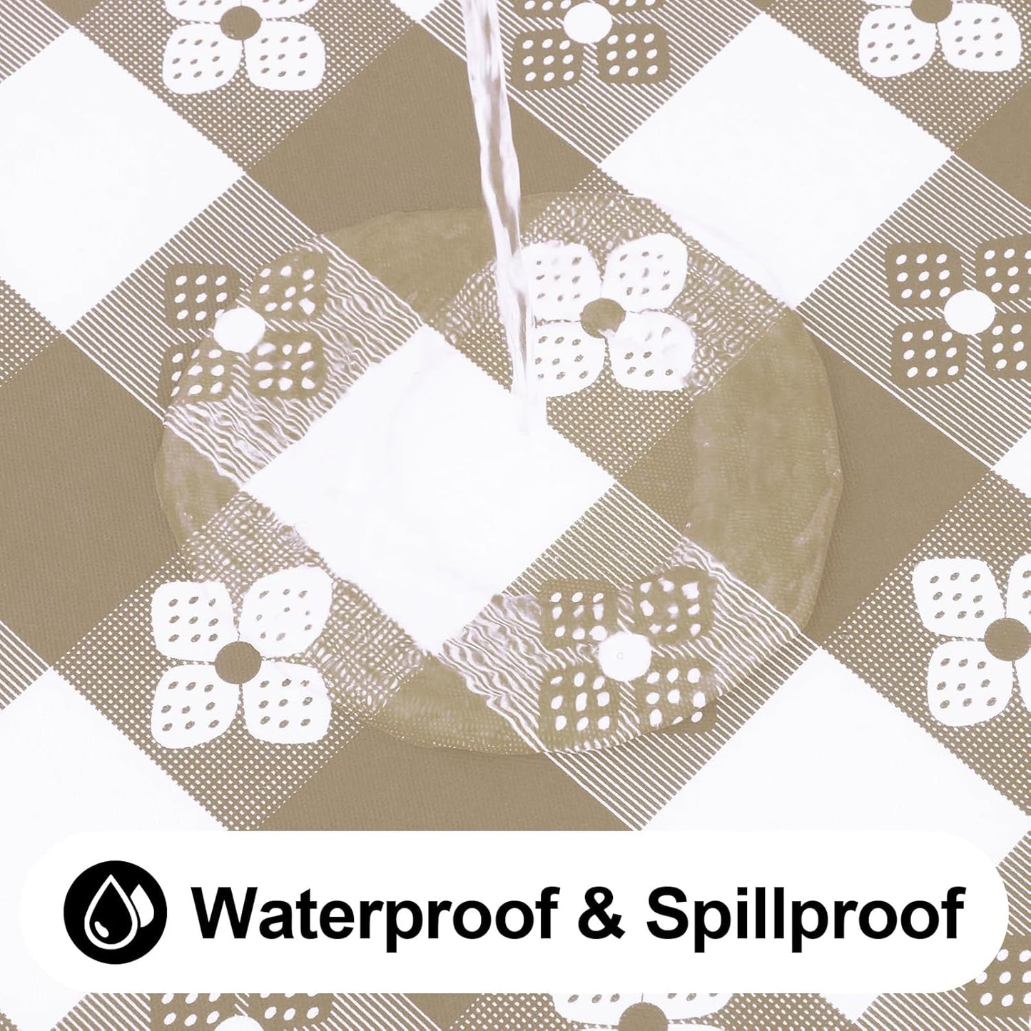 Rectangle Vinyl Table Cloth, Waterproof Elastic Fitted Tablecloth with Flannel Backing, Plastic Table Cover for Picnic, Camping, Outdoor (Khaki & White, 30"x60")