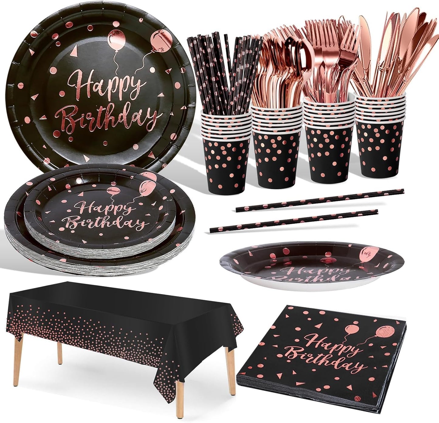 Birthday Party Tableware, 161 Pieces Black and Rosegold Party Supplies, Party Dinnerware Sets Include Paper Plates Napkins Cups Silverware, for Shower Engagement Parties Decoration -20 Serves