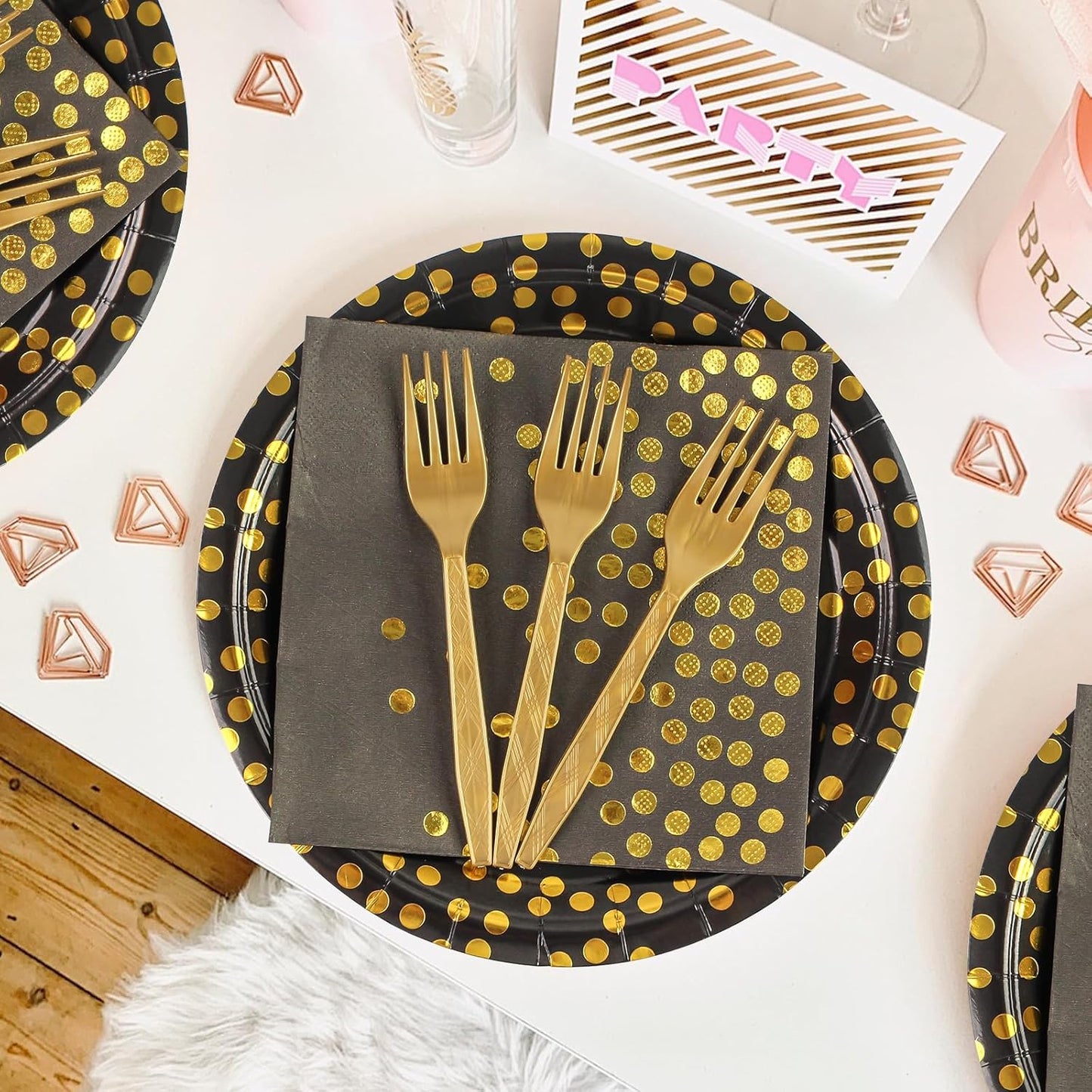 96PCS Black and Gold Plates and Napkins Party Supplies, Gold Dot Disposable Paper Plates and Napkins with Forks Tableware Set for Birthday Wedding Retirement Graduation Party Decorations 24 Guests