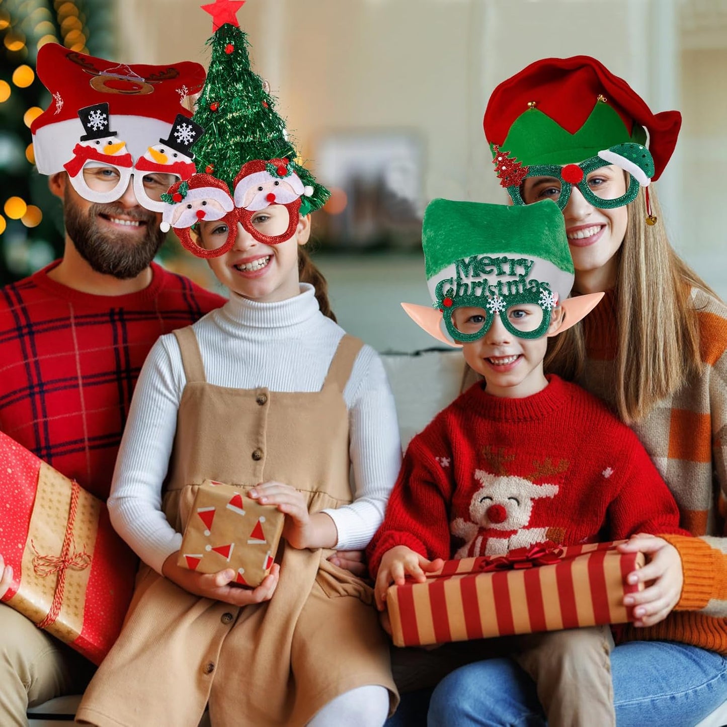 21 Pcs Funny Christmas Party Photo Booth Props Kit - Includes 6 Christmas Hats, 6 Xmas Glasses, 6 Festive Necklaces, White Beard for Costume Party, Holiday Party Decor & Photo Booth Supplies