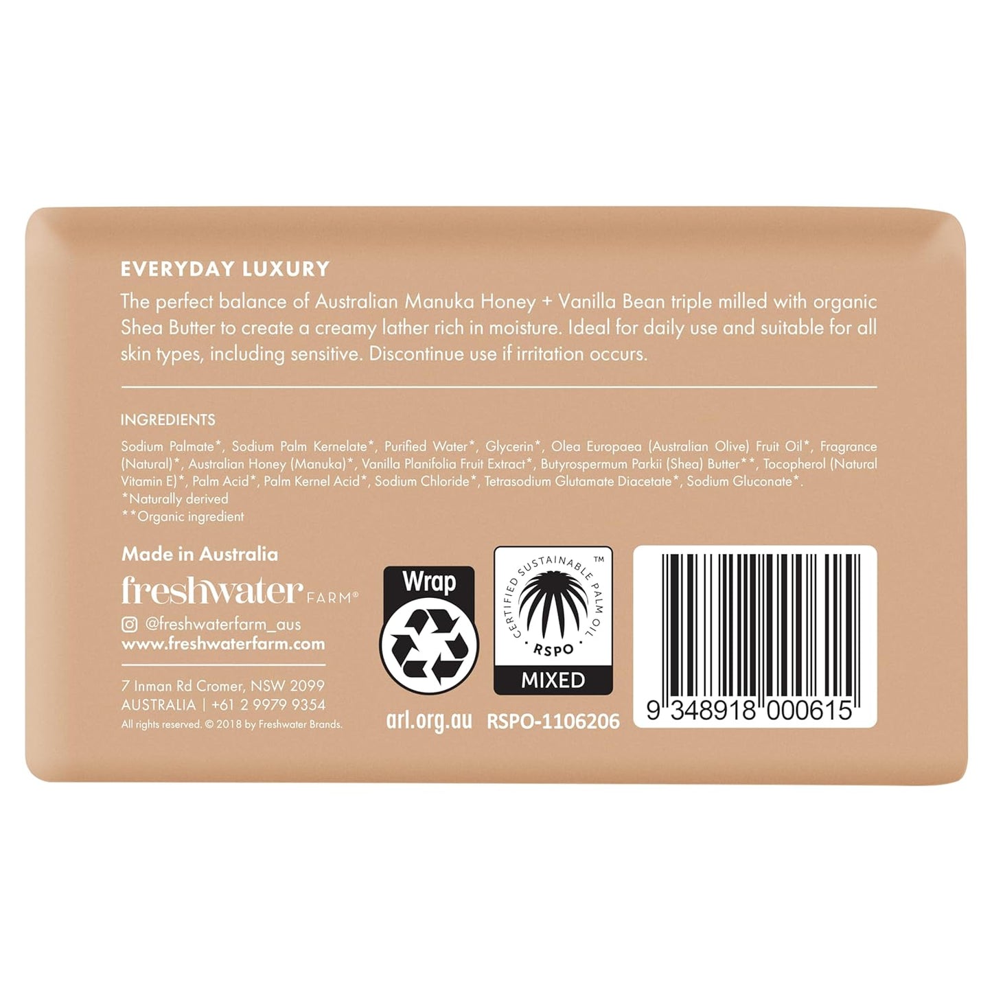 Freshwater Farm Australia Soothing Castile Natural Body Bar/Soap Bar for Women/Men- Manuka Honey + Vanilla Bean. Bar Soap/Body Soap With Organic Shea Butter For Dry, Sensitive Skin - 7 oz x 8 pack