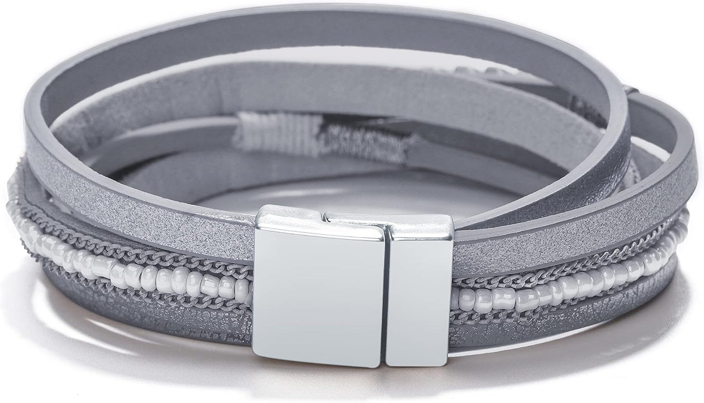 Fesciory Leather Wrap Bracelets for Women, Boho Leopard Multi-Layer Crystal Beads Cuff Bracelet Jewelry