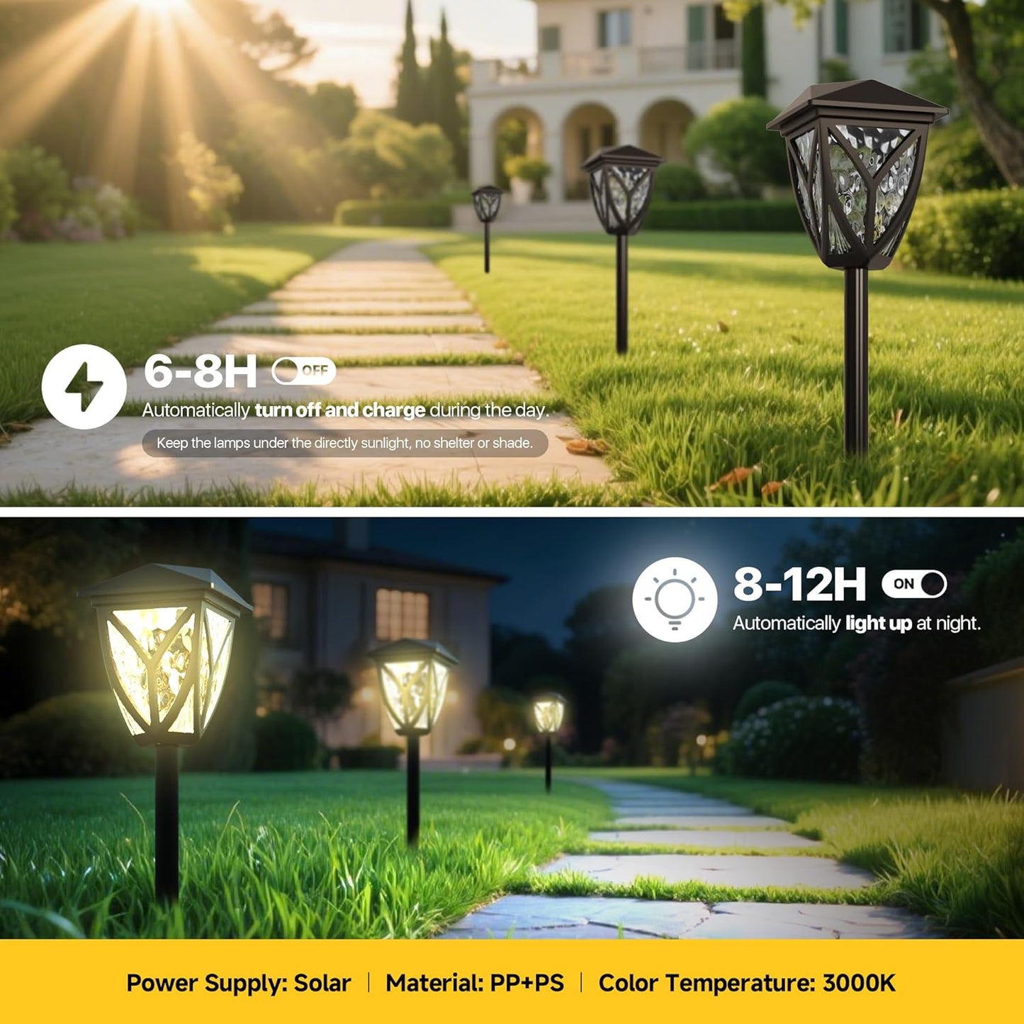Ensenior 6-Pack Solar Lights Outdoor, 16.77" 3000K LED Solar Garden Lights for Pathway, Yard, Patio, Walkway, Planter, Waterproof, Energy-Efficient Landscape Lighting