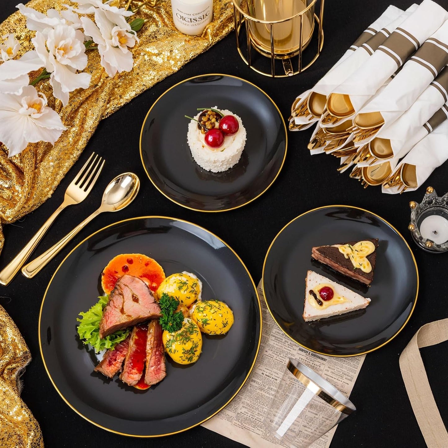KIRE 175Pcs Black Plates Disposable - Heavy Duty Black and Gold Plastic Plates- 25 for Dinner 25 for Dessert 25 Pre Rolled Gold Silverware and 25 Cups for New Year/Birthday Party