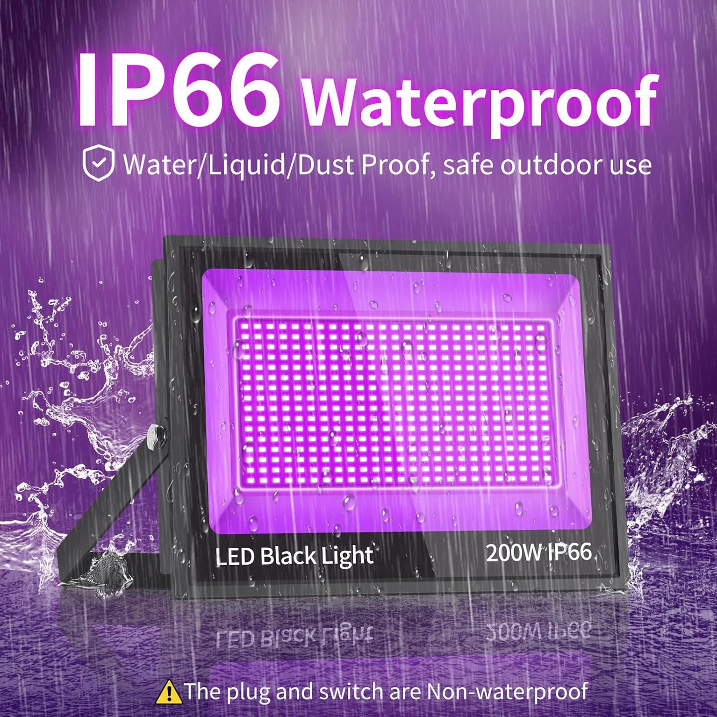 200W Blacklight Flood Light with 10ft Cord+Switch, Aluminum Shell, IP66 Waterproof Outdoor LED Black Lights for Large Space, Glow Party, Halloween, Stage, Gym, Poster, Body Paint, 2 Pack