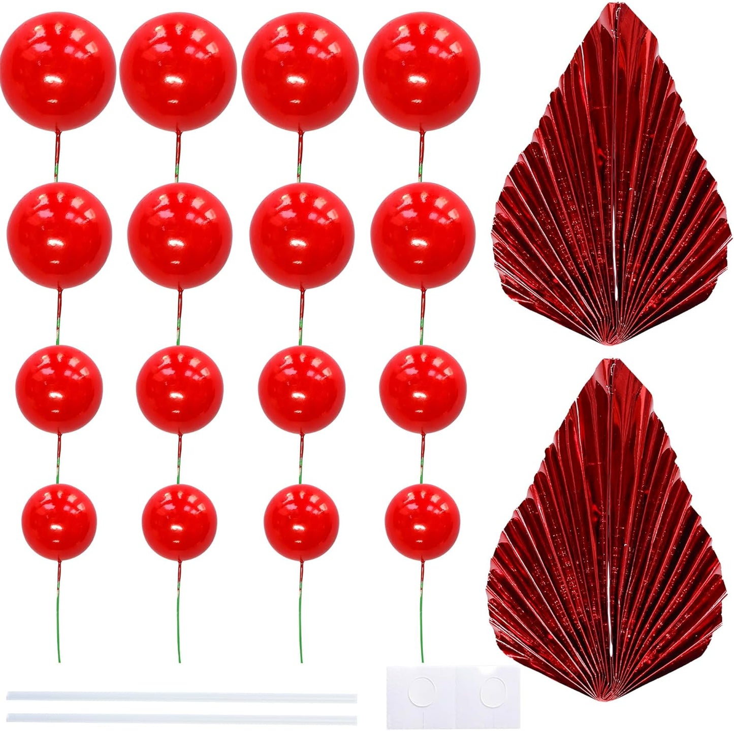 Ephlyn 28Pcs Paper Palm Fan Cake Topper Balls Cake Pick for Baby Shower Wedding Bridal Shower Birthday Party Cake Decorations Supplies Red