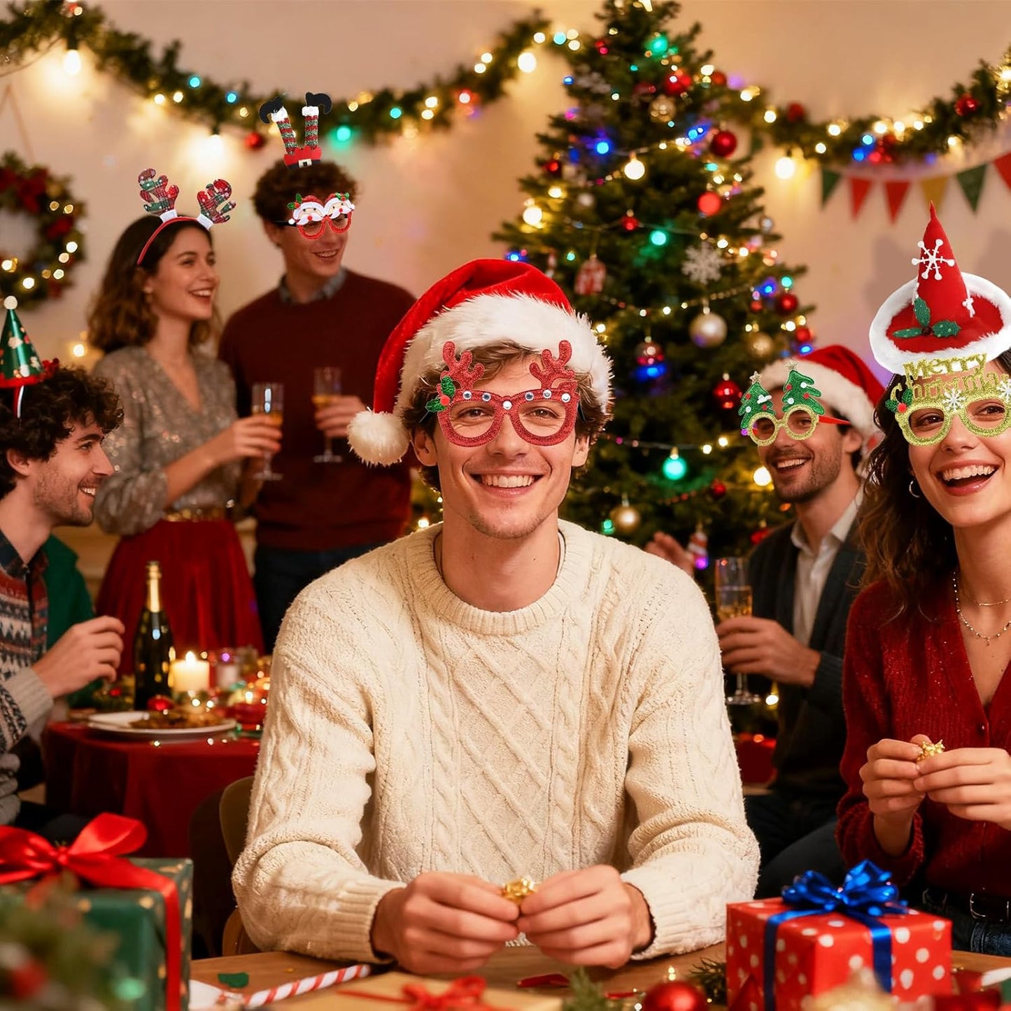 15 Pcs Christmas Headwear Headbands and Glasses Set – Santa Hats, Reindeer Antlers, and Festive Party Accessories for Xmas Dress-Up, Photo Booth Props, and Holiday Celebrations