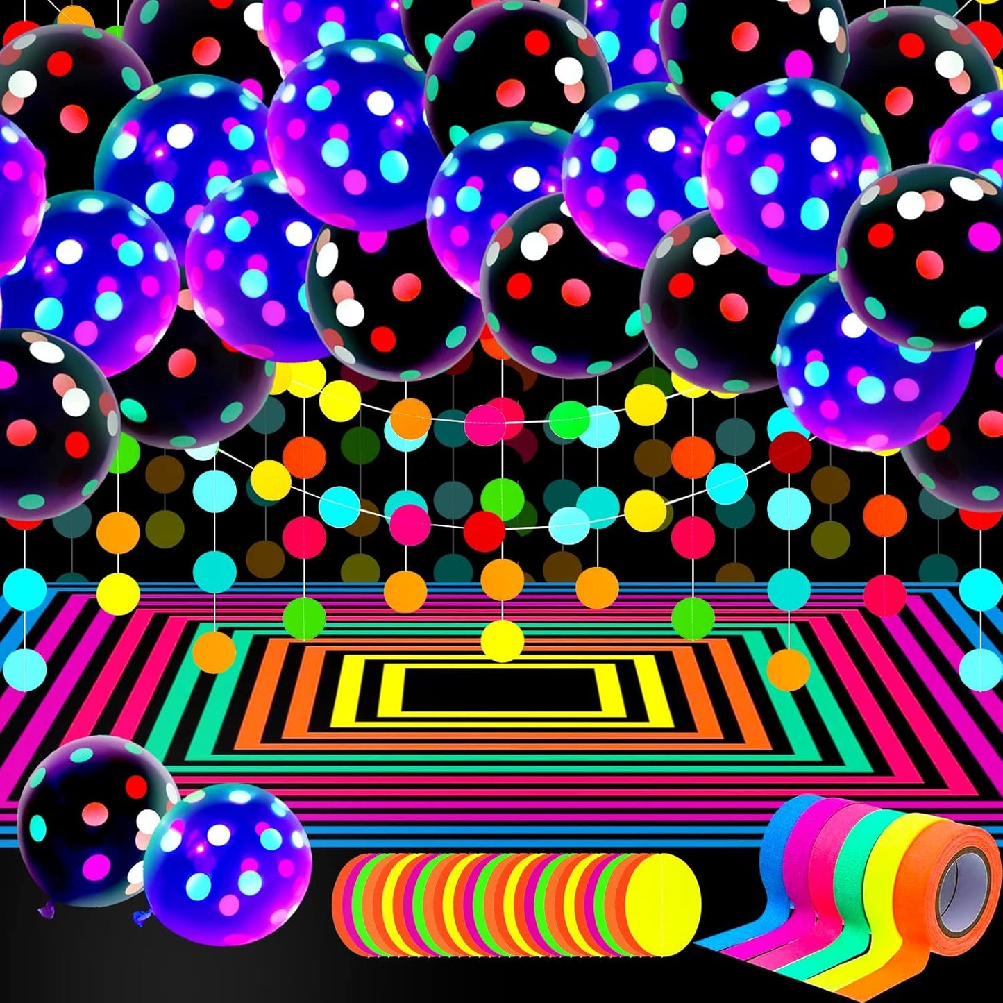32 Pcs Glow in The Dark Party Supplies Christmas Neon Party Favors with 25 Fluorescent Balloon 6 Rolls 98.4 ft UV Blacklight Luminous Tape 14.4 ft Neon Streamer Garland for Adults(Bright Big Dot)