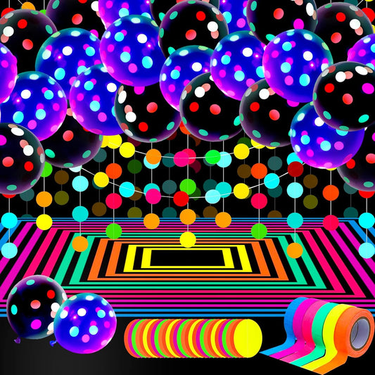 32 Pcs Glow in The Dark Party Supplies Christmas Neon Party Favors with 25 Fluorescent Balloon 6 Rolls 98.4 ft UV Blacklight Luminous Tape 14.4 ft Neon Streamer Garland for Adults(Bright Big Dot)