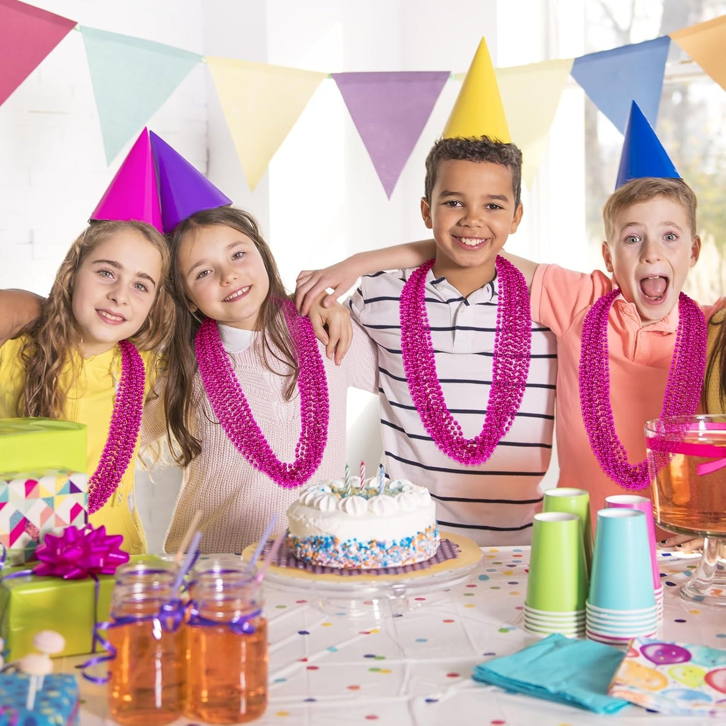 SHAOQINLIN 100 PCS Breast Cancer Awareness Necklaces, Hot Pink Bead Necklace, 30.5" Breast Cancer Awareness Bead Necklaces Accessories for Parade Throw Supplies