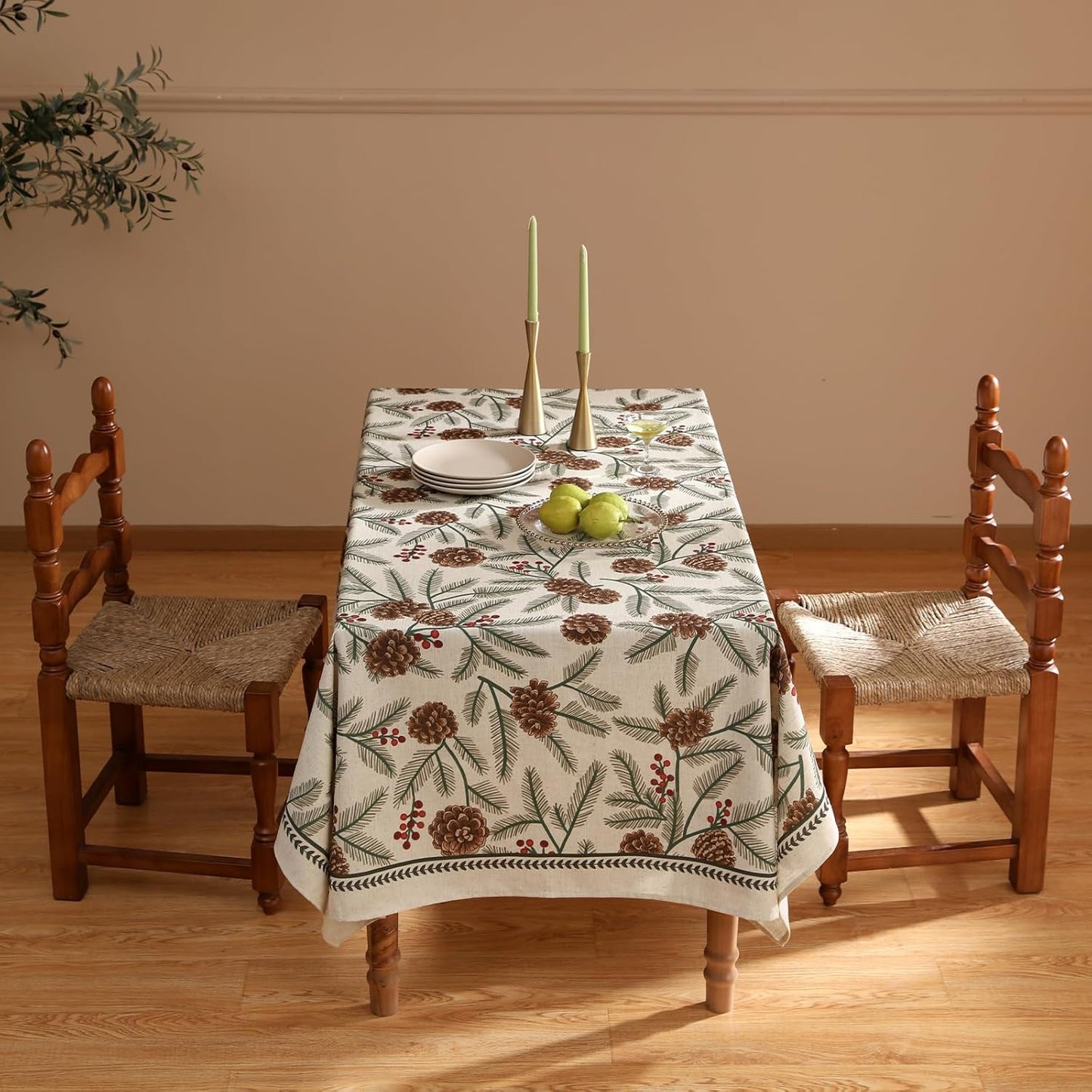 ISAENNE Designer Christmas Beige Linen Small Rectangular Tablecloth,Pinecones Pattern Indoor Tablecloths,Washable Decor Table Cloth for Dining Thanksgiving Kitchen Christmas,55"*71"-Carol B