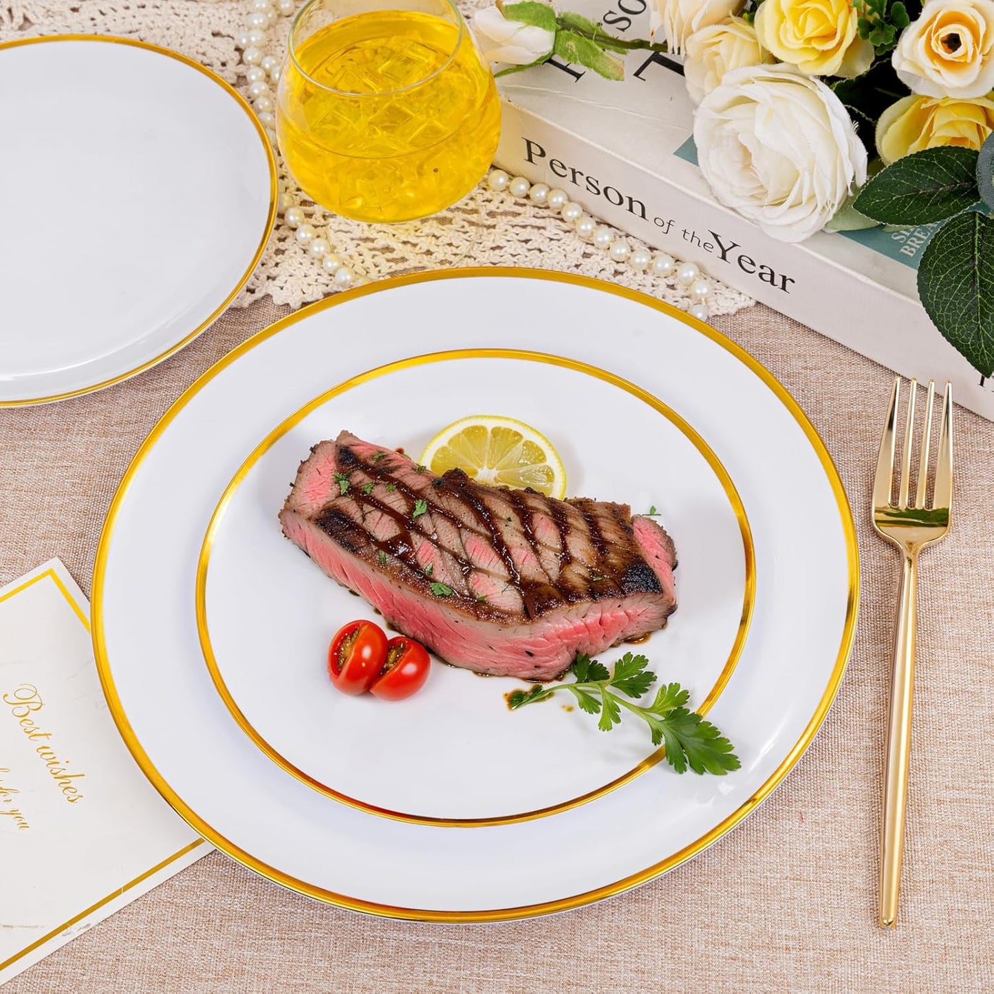 LIYH 60 Pcs Gold Plastic Plates Disposable Heavyduty - White Plastic Plates for Party/Weddings Include 30 White Gold Rim Dinner Plate 10.25" & 30 Dessert Plate 7.5 "