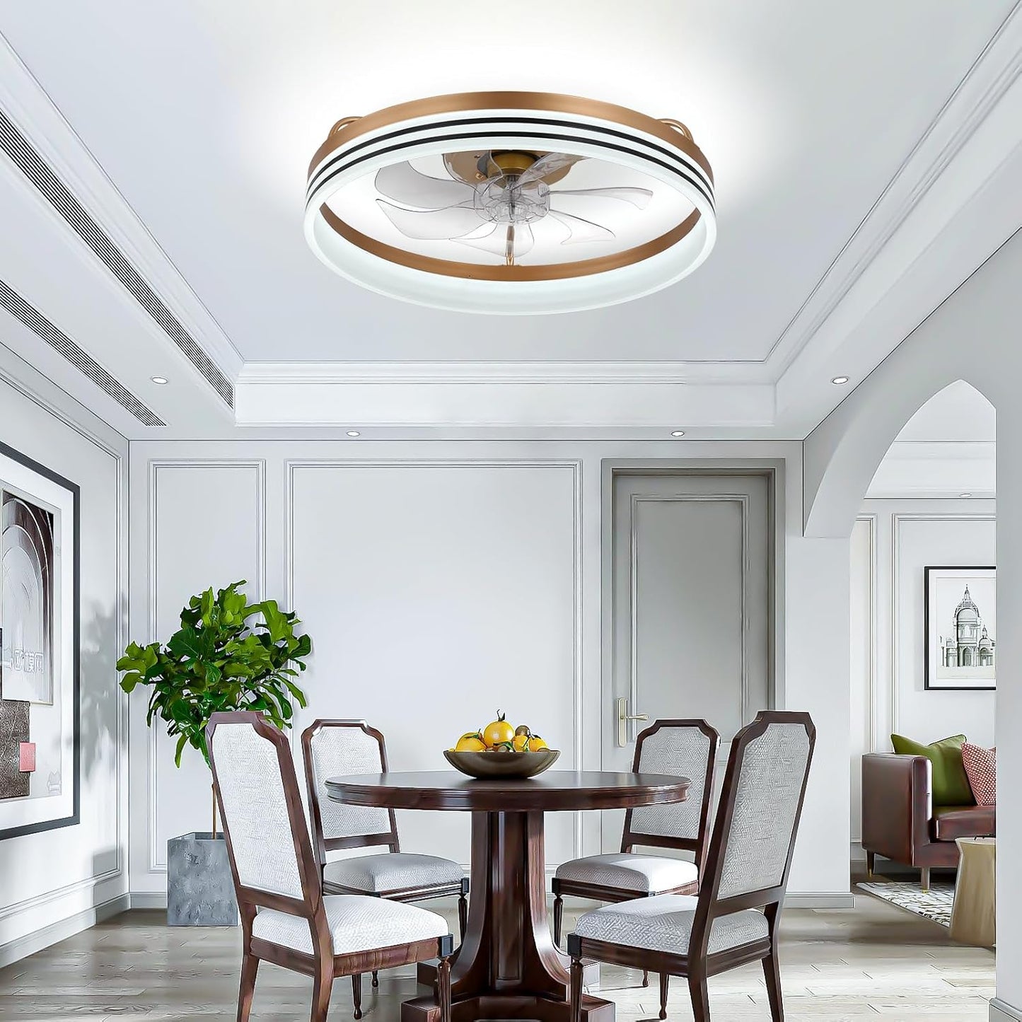 Ceiling Fans with Lights and Remote 20" Dimmable Fandelier LED Fan Light Modern Ceiling Fan, Low Profile Flush Mount Ceiling Fan Lights for Bedroom Kitchen and Living Room(Gold)