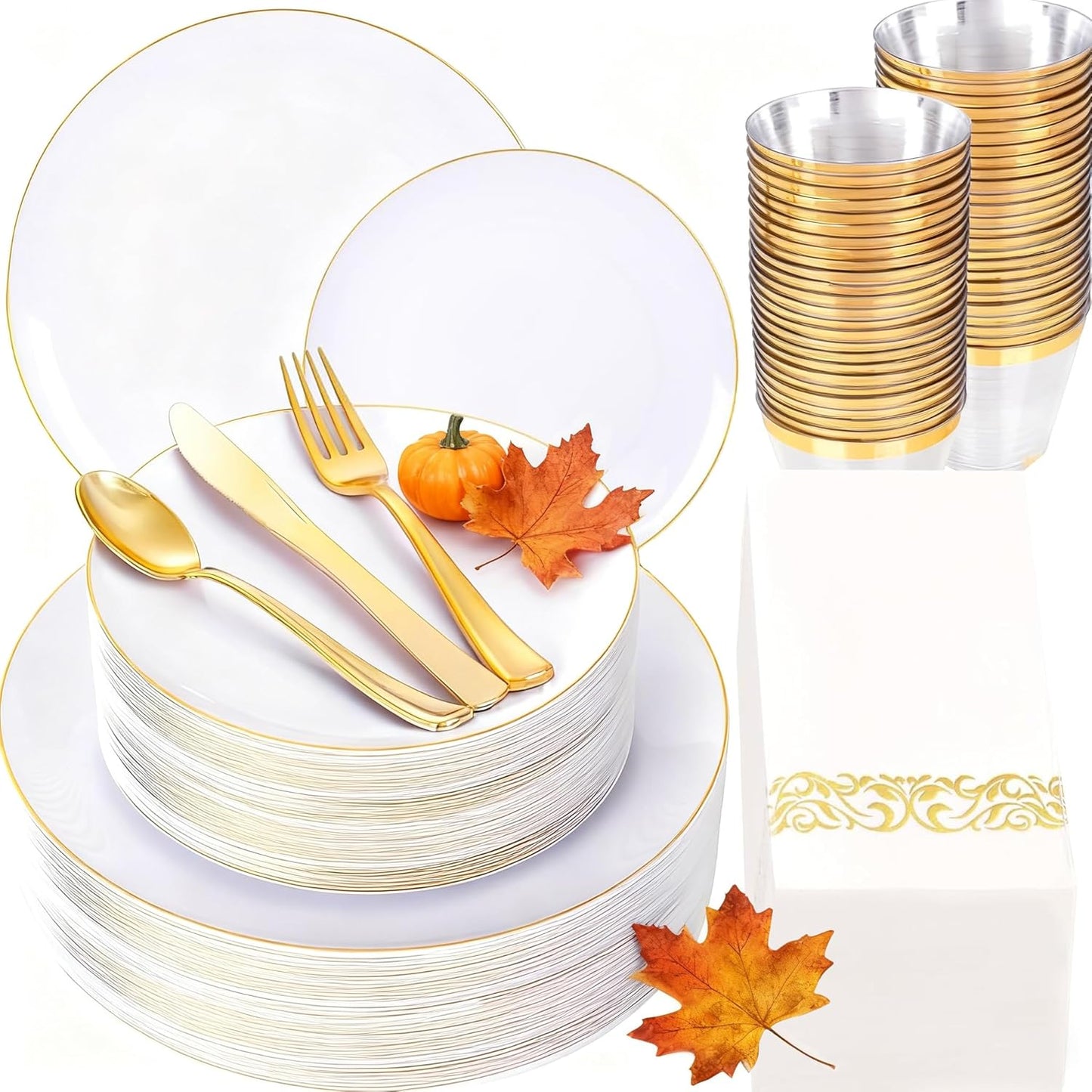 YOUBET 175PCS Gold Rimmed Plastic Plates - White and Gold Disposable Plates Includes 25 Dinner Plate, 25 Dessert Plate, 75Silverware, 25 Cups, 25 Napkins for Wedding & Party & Thanksgiving