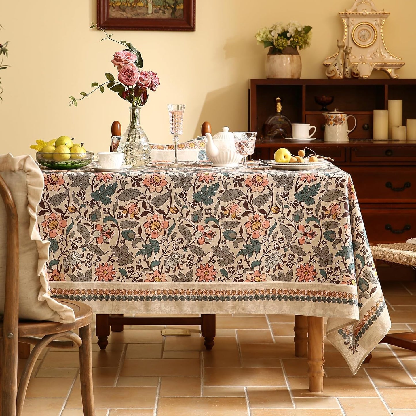 ISAENNE Designer Boho Floral Square Tablecloth,Linen Lotus Flower Pattern Colorful Indoor Table Cloth,Durable Decor Tablecloths for Dining Thanksgiving Kitchen Christmas,67"*67"-Hazel A