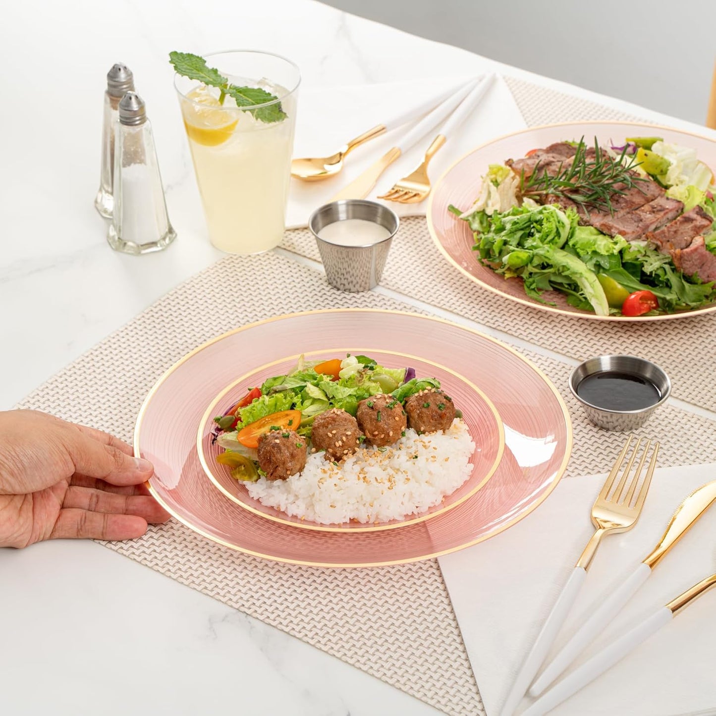 Restaurantware Plastic Plates 40 Pcs 7.13" and 10" Combo Gold Rimmed Plate Set Disposable Heavy-Duty Pink Translucent Rippled Plastic Dinner Servers for Party, Weddings, Salads, Desserts