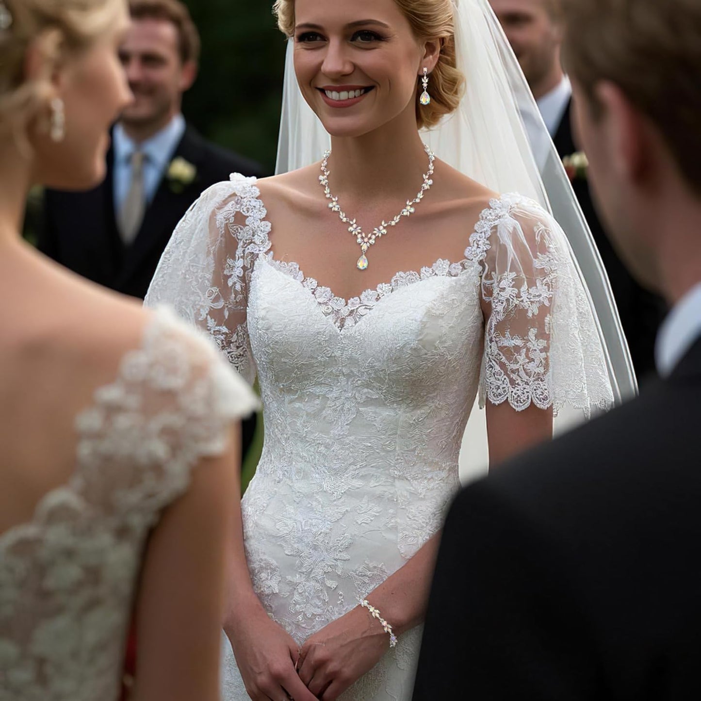 BriLove Wedding Jewelry Set for Women Bride, Y-Necklace Tennis Bracelet Dangle Earrings Crystal Teardrop Marquise Cluster for Bridal Bridesmaid