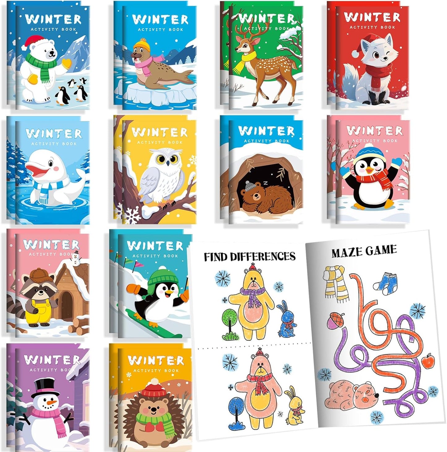 BenLouis 24 Pack Winter Mini Activity Books for Kids ages 4-8-16 Holidays Party Favors Bulk Different Brain Game for Classroom Travel Craft Activities Penguins Birthday Goodie Bag Gift Stuffer