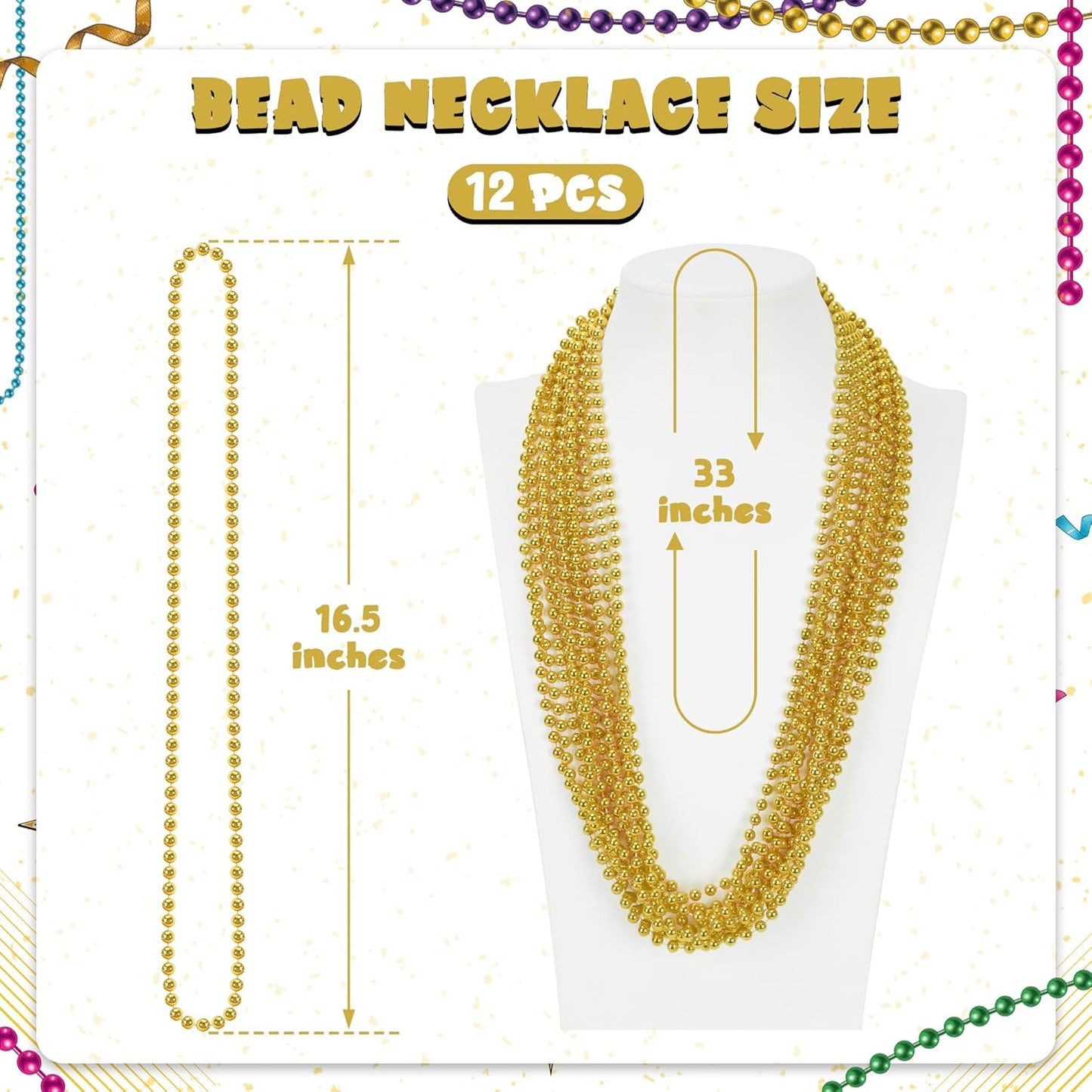 12 PCS Mardi Gras Beads, 33" Gold Beads Necklaces, Mardi Gras Beaded Accessories Parade Throws Accessory Set, Gold Beads for Wedding Carnival St. Patricks Party Favors Supplies