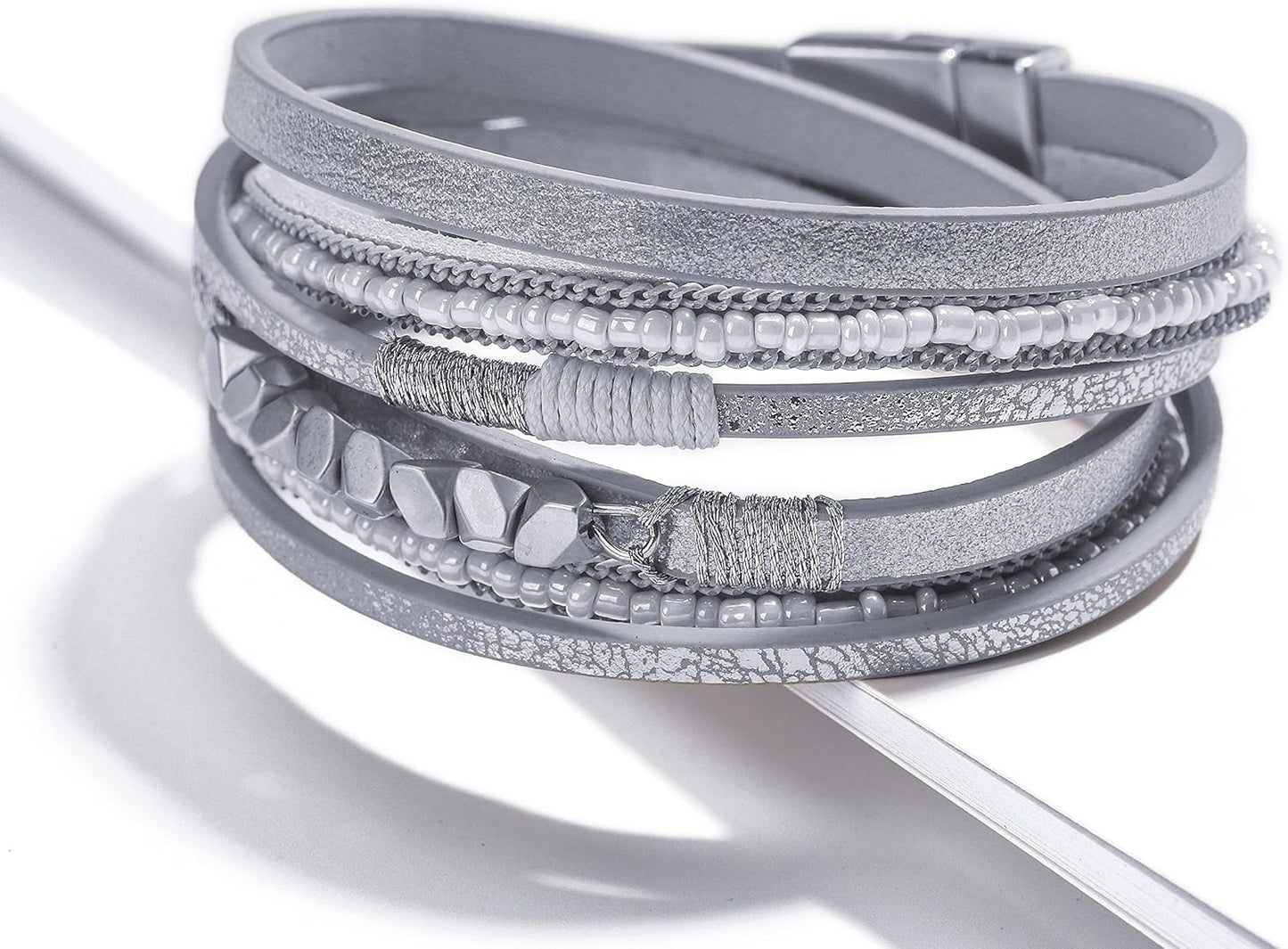 Fesciory Leather Wrap Bracelets for Women, Boho Leopard Multi-Layer Crystal Beads Cuff Bracelet Jewelry