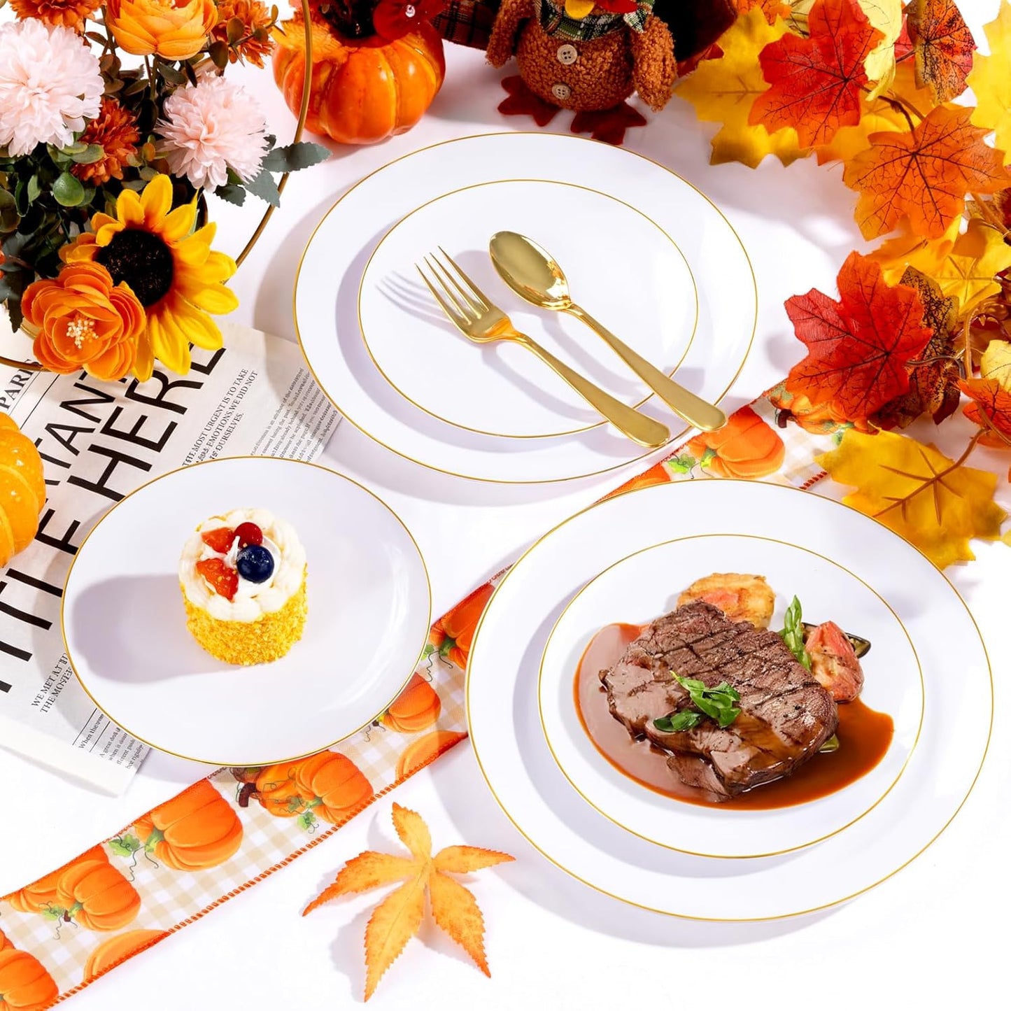 YOUBET 175PCS Gold Rimmed Plastic Plates - White and Gold Disposable Plates Includes 25 Dinner Plate, 25 Dessert Plate, 75Silverware, 25 Cups, 25 Napkins for Wedding & Party & Thanksgiving