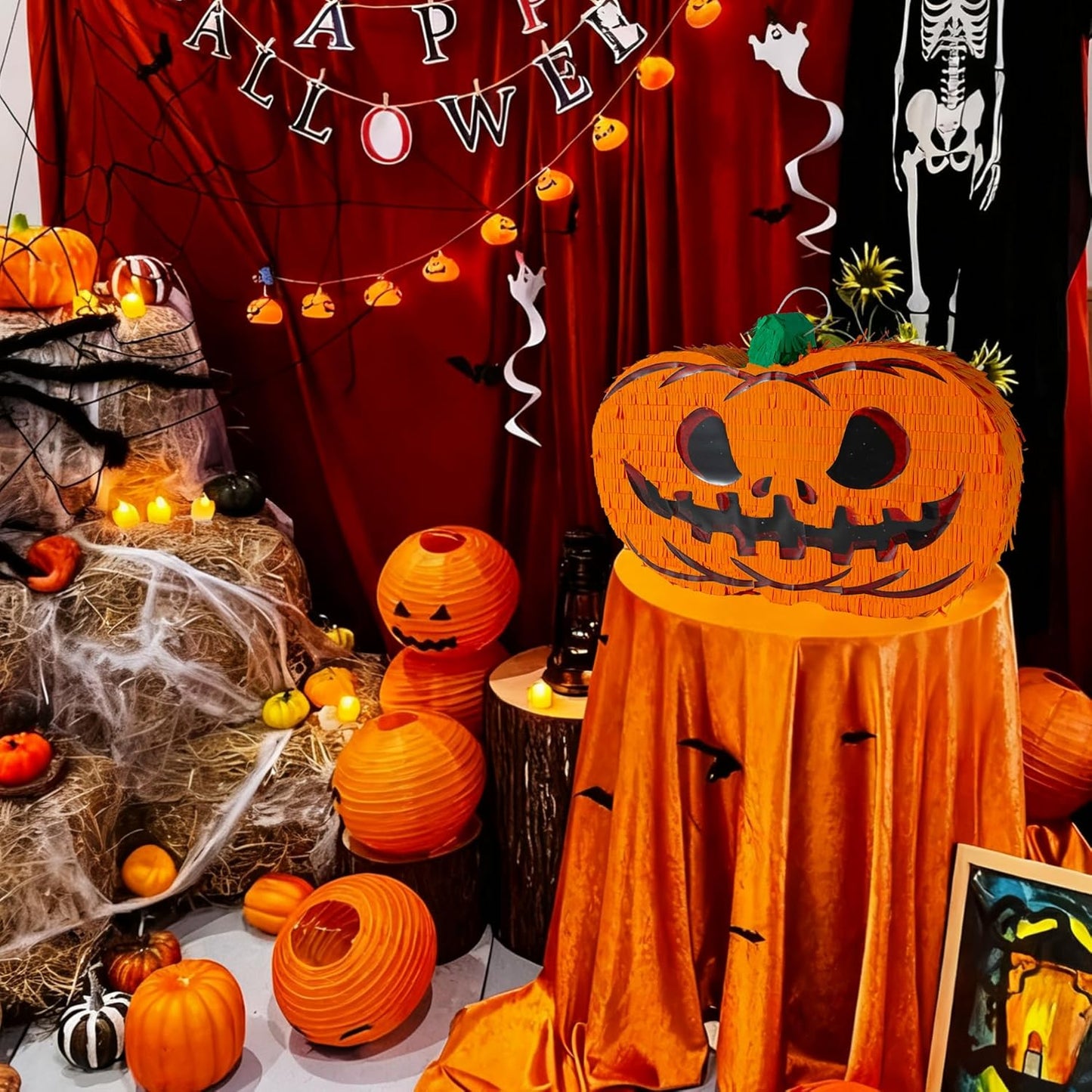 PCFING 21.6 Inch Halloween Pumpkin Piñata with 30 Inch Piñata Stick Blindfold Confetti for Boy Girl Adults Halloween Scary Party，Candy Game，Trick Treat Party，Jack o Lanterns Decorations