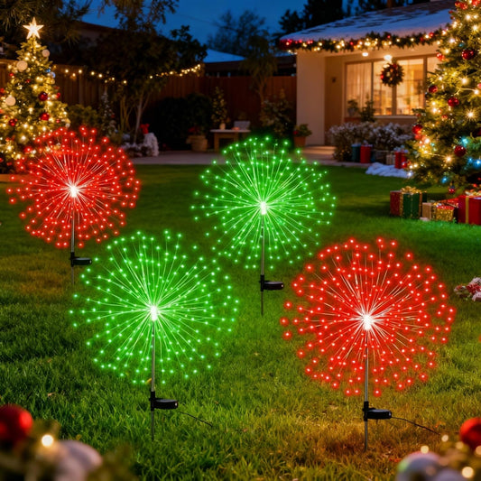 4 Pack Christmas Solar Firework Lights Decorations Garden Pathway Solar Power Light Stake Waterproof Landscape Lamp with 180 LED 8 Modes for Christmas Party Decoration(Red Green)