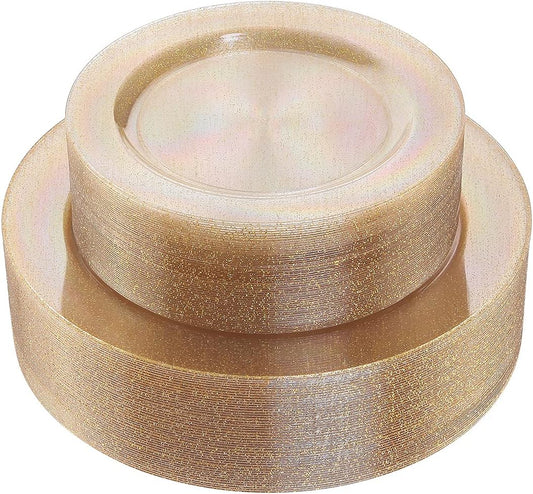 I00000 102PCS Gold Glitter Plastic Plates, Gold Glitter Disposable Plates Clear Plastic Party Plate Include 51 Dinner Plate 10.25" and 51 Dessert Plate 7.5" for Parties &Wedding