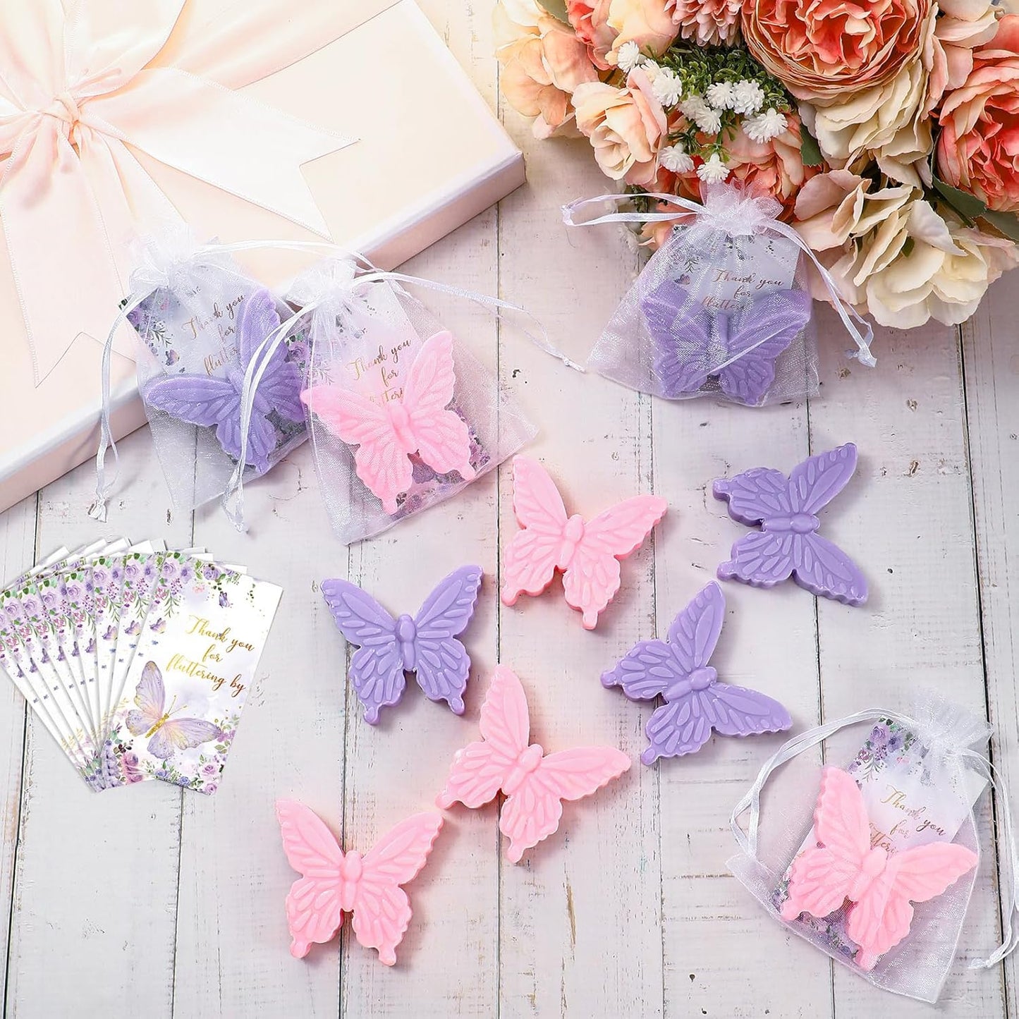 Dunzy 30 Sets Butterfly Theme Baby Shower Favors for Guests Christmas Butterfly Soap Favors with Thanks You Cards Gender Reveal Baptism Party Decorations Wedding Bridal Souvenirs (Purple,Pink)