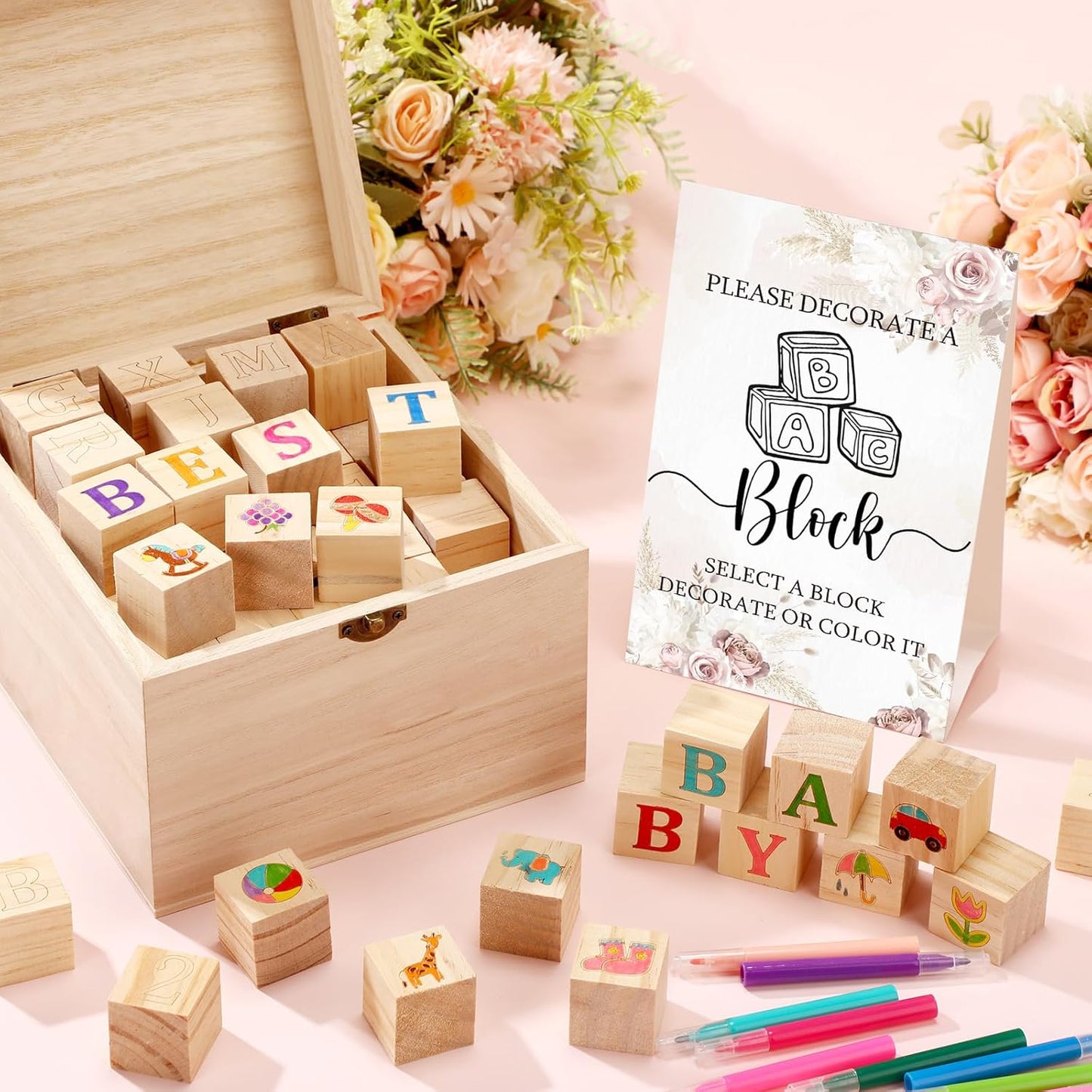 Marsui 136 Pcs Baby Shower Blocks to Decorate Game Kit Includes 98 Wooden Blocks, 36 Markers, 1 Game Sign, 1 Storage Box for Baby Shower Gender Reveal Activity Party Decorations(Floral)