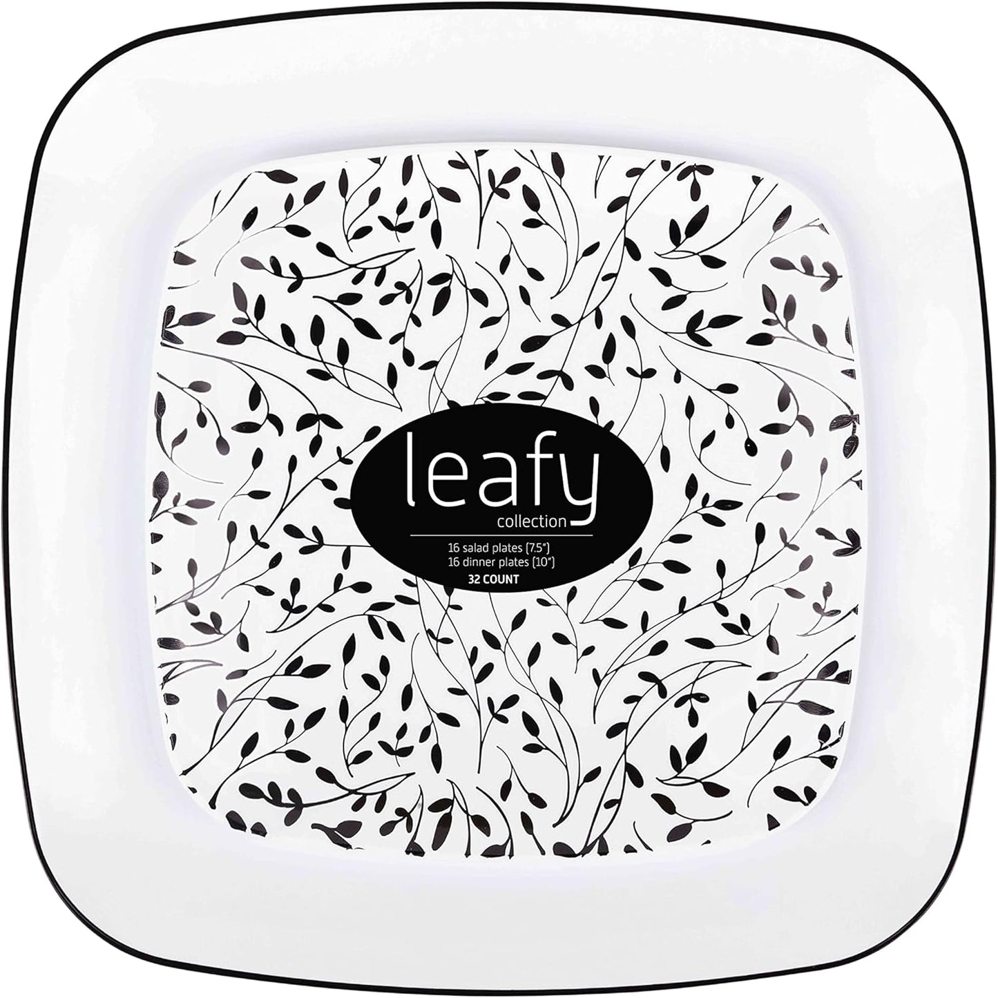 PLASTICPRO Square 64 Piece Combo Plates Set - 32 x 7'' Salad & 32 x 10'' Dinner Plates, White Plastic with Black Leaf Design, Premium Heavyweight