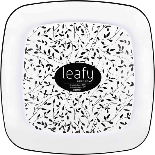 PLASTICPRO Square 64 Piece Combo Plates Set - 32 x 7'' Salad & 32 x 10'' Dinner Plates, White Plastic with Black Leaf Design, Premium Heavyweight