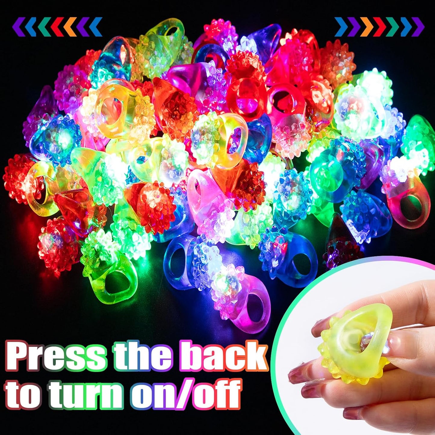 48/108 Pcs LED Light Up Ring - Glow in the Dark Party Favors, Soft Jelly Toy Rings Finger Lights in Treasure Box, Bulk Prize Gift for Kids & Adults (6 Colors)