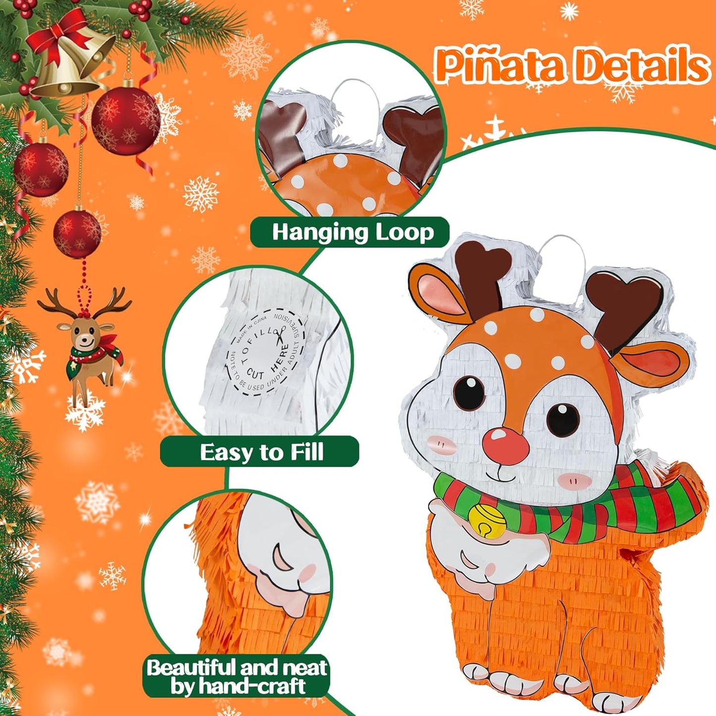 PCFING 21.6 Inch Christmas Reindeer Piñata with 30 Inch Piñata Stick Blindfold Confetti for Boy Girl Adults Xmas Party Game Decorations