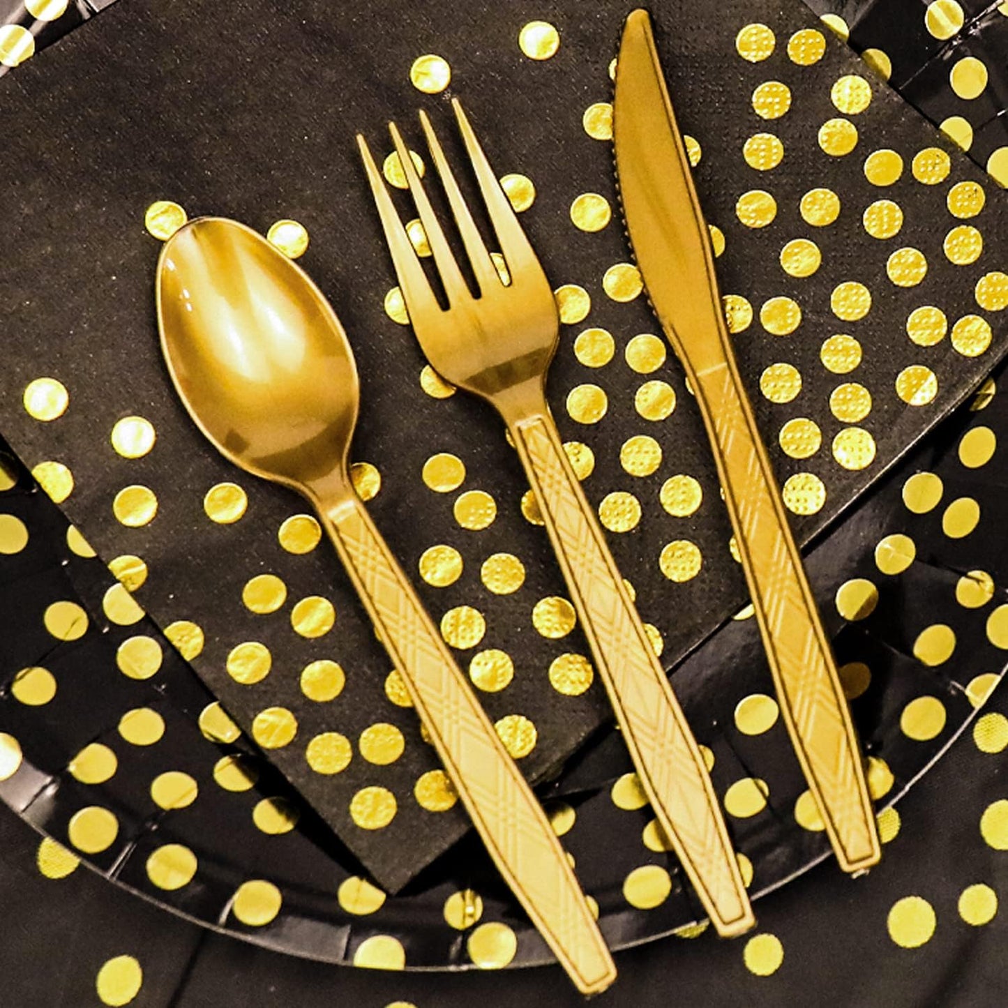 350 Pieces Gold Disposable Party Dinnerware Set &Golden Dot Disposable Party Dinnerware - Black Paper Plates Napkins Cups, Gold Plastic Forks Knives Spoons