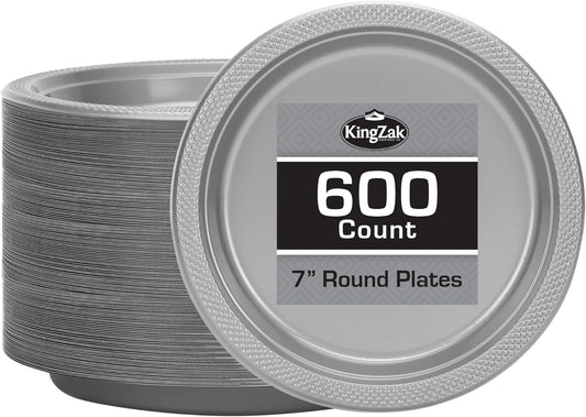 Hanna K. Signature Silver Plastic Plates 7 Inch - 600 count - Plastic Solid Round Party Plates For Weddings, BBQs, Birthday Plates - Disposable Silver Plates - Plastic Dessert Plates