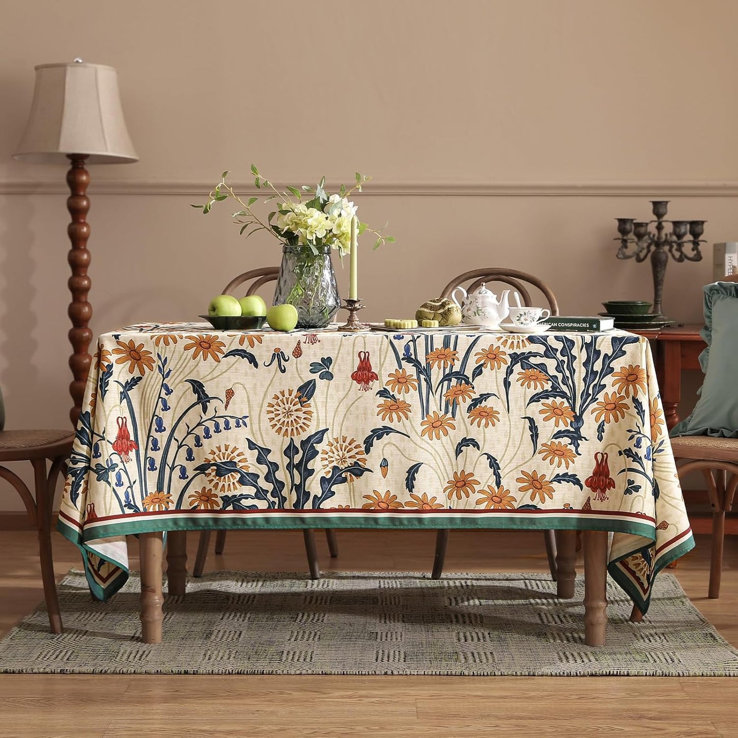 French Vintage Rectangular Tablecloth,Linen Extra Long Tablecloth with Gold and Red Floral Pattern,Decorative Table Cover for Kitchen,Dining,Thanksgiving,Christmas,67"*118"-Tijuana