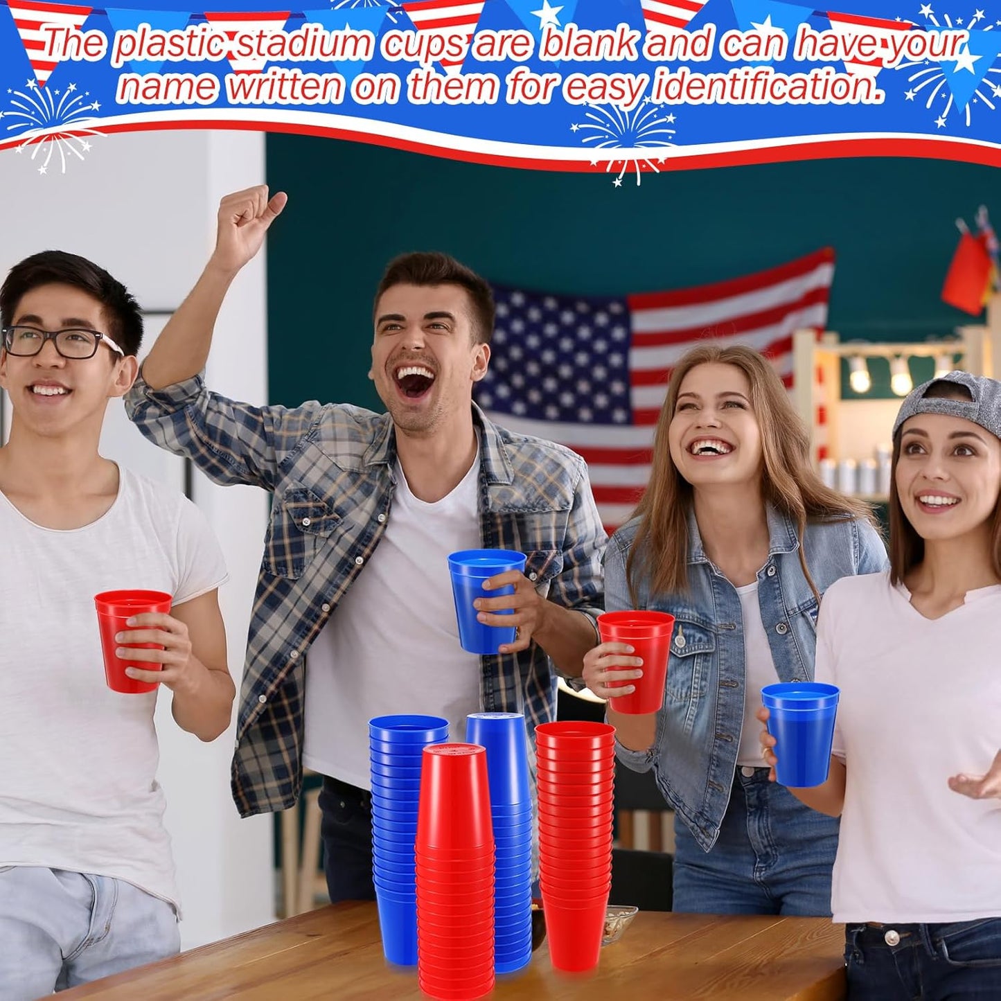 Yungyan 50 Pack 16oz Stadium Cups Reusable Plastic Cups Blank Drink Tumblers for Parties, Events, DIY Projects, 4.5 x 3.54 x 2.72 Inch (Red and Blue)