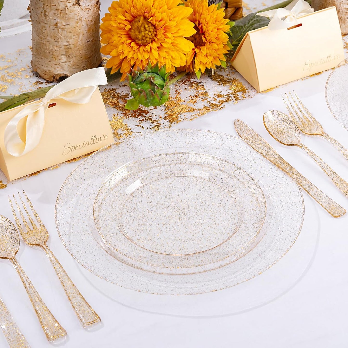 WDF 200PCS Gold Plastic Plates - Gold Glitter Plastic Plates - Heavy Duty Gold Glitter Disposable Plates - Include 100 Dinner Plates 10" and 100 Dessert Plate 7" for Thanksgiving Parties/Wedding