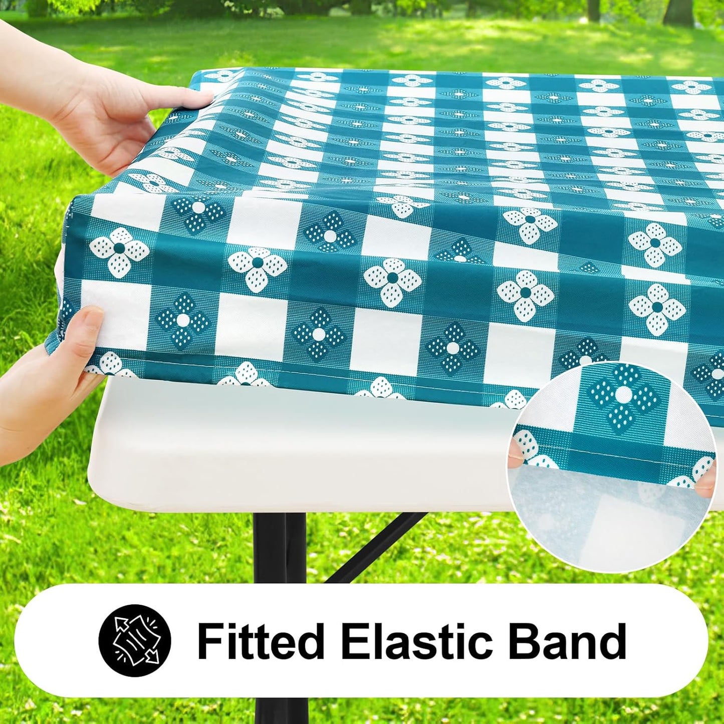 Rectangle Vinyl Table Cloth, Waterproof Elastic Fitted Tablecloth with Flannel Backing, Plastic Table Cover for Picnic, Camping, Outdoor (White & Turquoise, 30"x60")