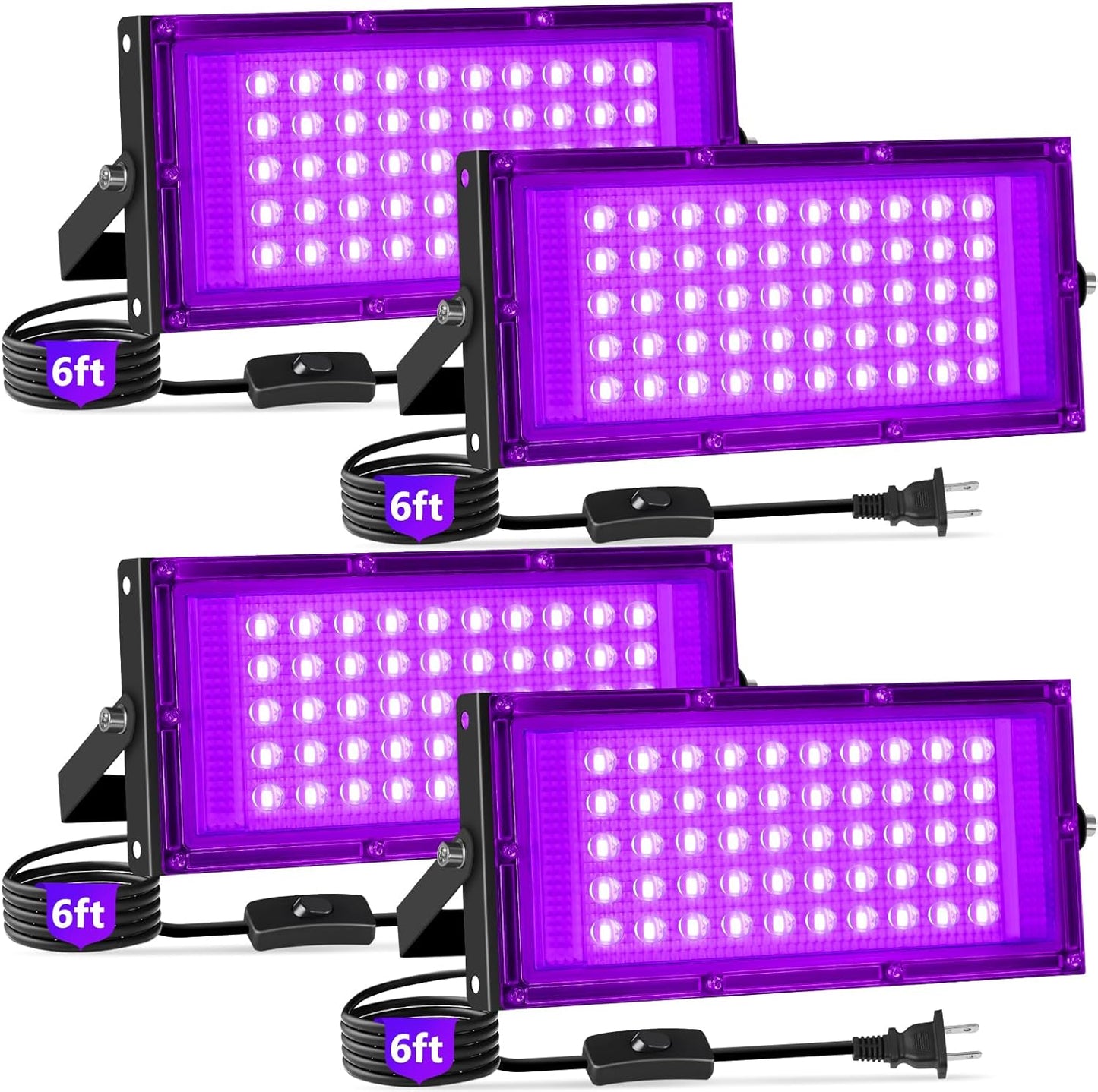 50W Black Lights with Switch+Plug, IP66 Waterproof, LED Blacklight Flood Light for Glow Party, Halloween, Bedroom, Fluorescent Poster, Body Paint, 4 Pack