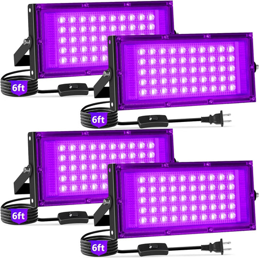 50W Black Lights with Switch+Plug, IP66 Waterproof, LED Blacklight Flood Light for Glow Party, Halloween, Bedroom, Fluorescent Poster, Body Paint, 4 Pack
