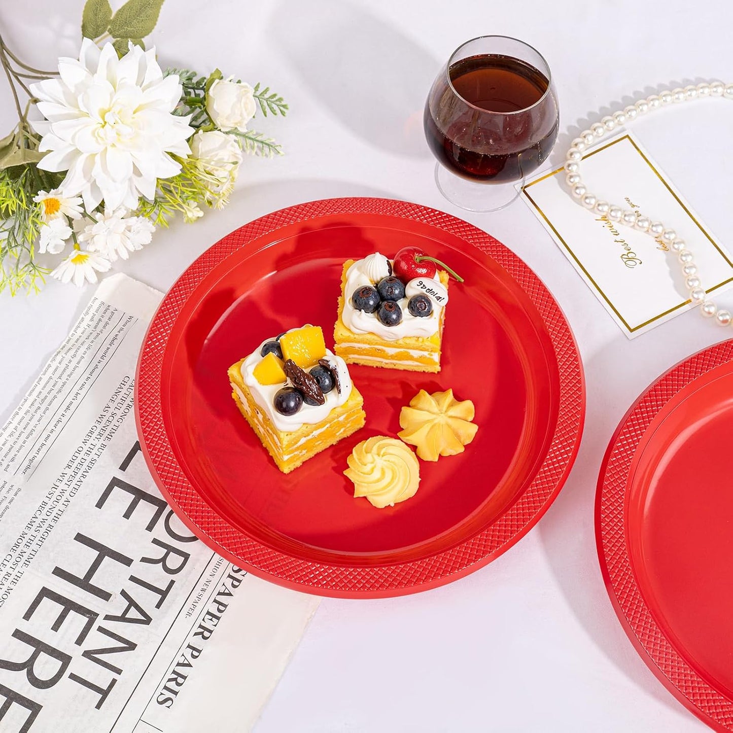 WELLIFE Red Party Plates 10 Inch -150 Count, Plastic Disposable Plates for Dinner Party Easter Mother's Day