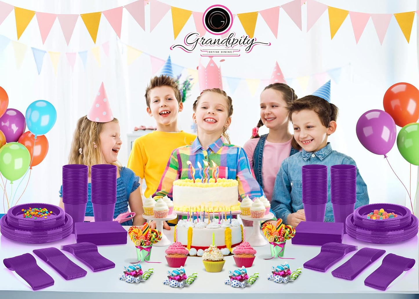 Grandipity 350 Piece Purple Disposable Dinnerware Set, Includes 50 of Each: 9" Dinner Plates, 7" Dessert Plates, 12oz Cups, Paper Napkins, Forks, Knives & Spoons