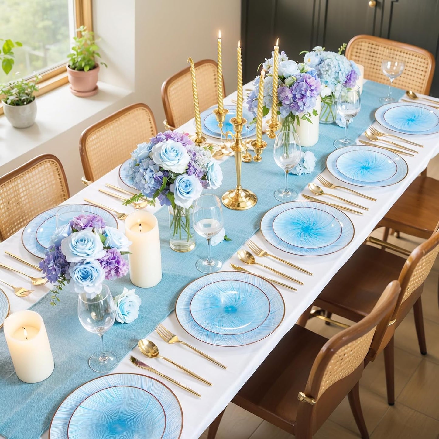 LIYH 60 Pcs Blue Plastic Combo Plates Set - Heavy Duty Light Blue Scalloped Plastic Disposable Plates for Party - 10.25" Dinner & 7.5" Dessert Plate 30 Guests