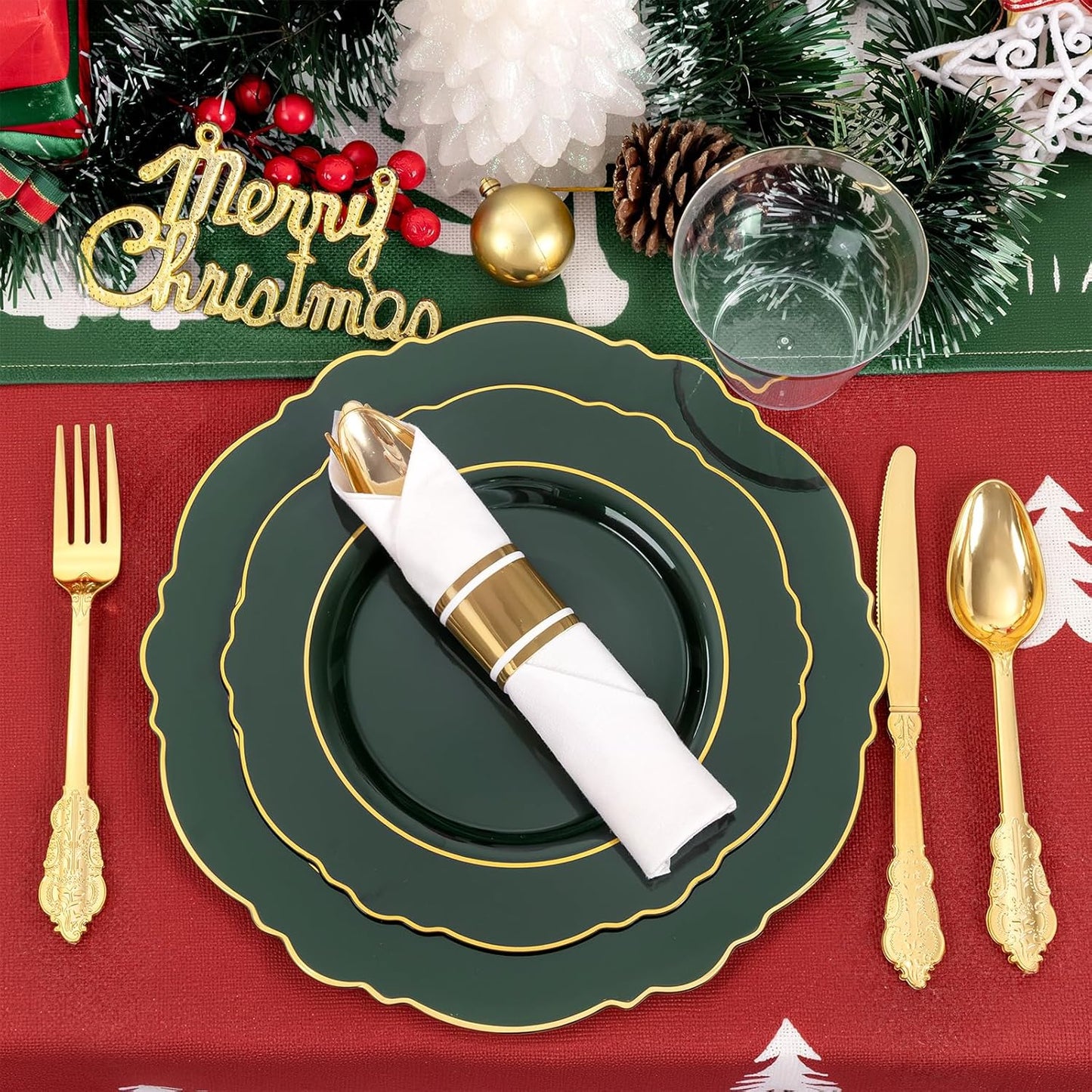 Liacere 350PCS Green Plastic Plates - Dark Green Disposable Plates With Gold Rim - 50Guest Baroque Plastic Dinnerware include 100Plates-50Pcs Pre Rolled Napkins with Silverware 50Cups for Christmas
